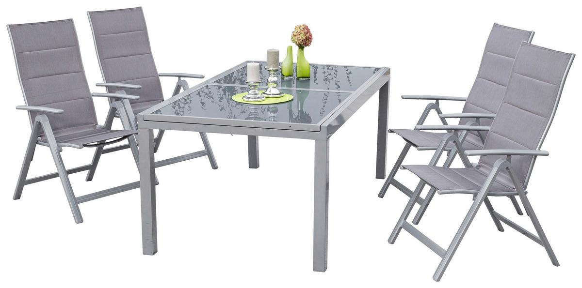 Gartengarnitur 5-tlg. Taviano Metall/Textil/Glas - Silberfarben/Braun, ROMANTIK / LANDHAUS, Glas/Textil - Gardenson