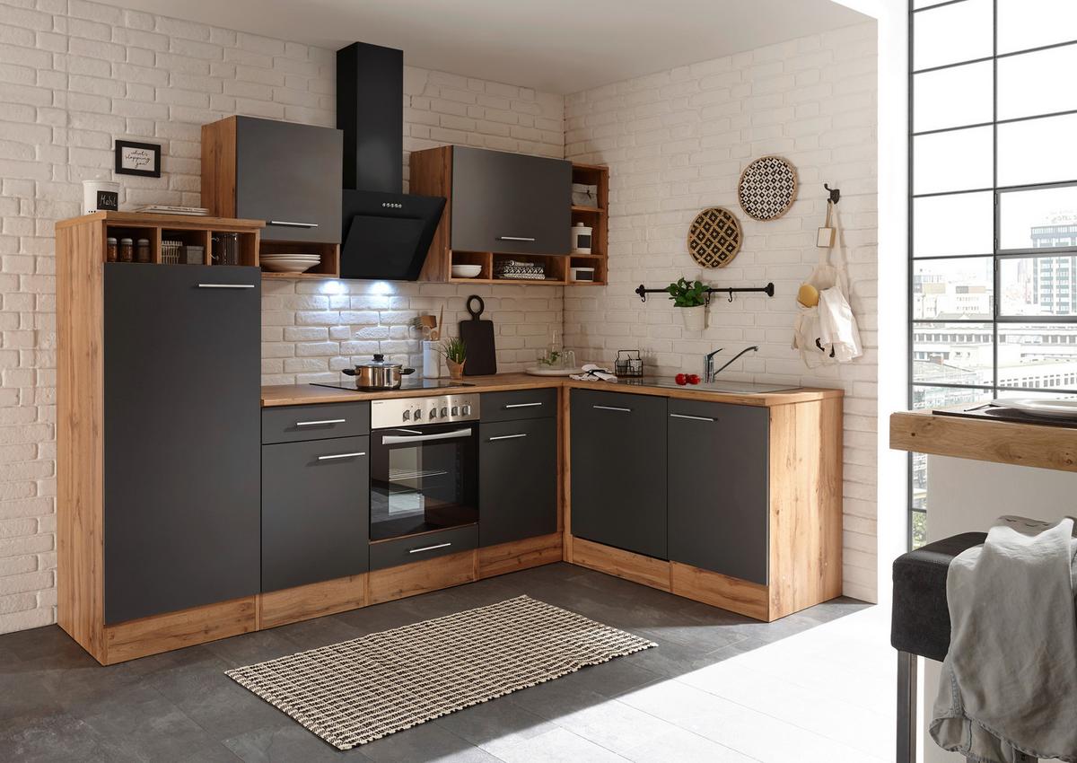 Eckküche Economy Grau/Wildeiche ca. 280x172cm - Wildeiche/Alufarben, Basics, Holzwerkstoff/Metall (280/172cm) - Respekta