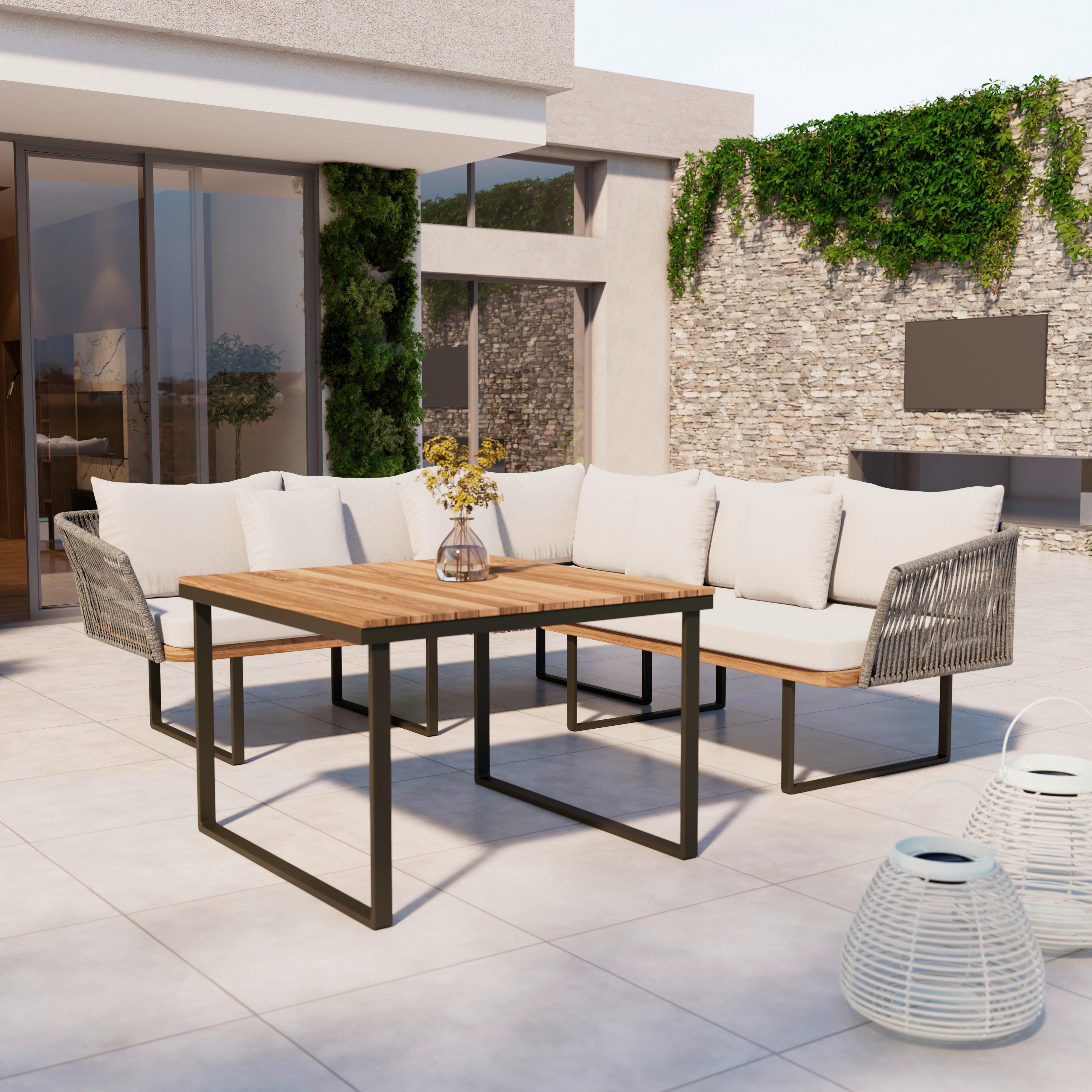 Dining-Loungeset Viola Grau Outdoorstoff/Metall/Holz - Hellgrau/Schwarz, MODERN, Holz/Kunststoff (228/75/75cm) - Bessagi Garden