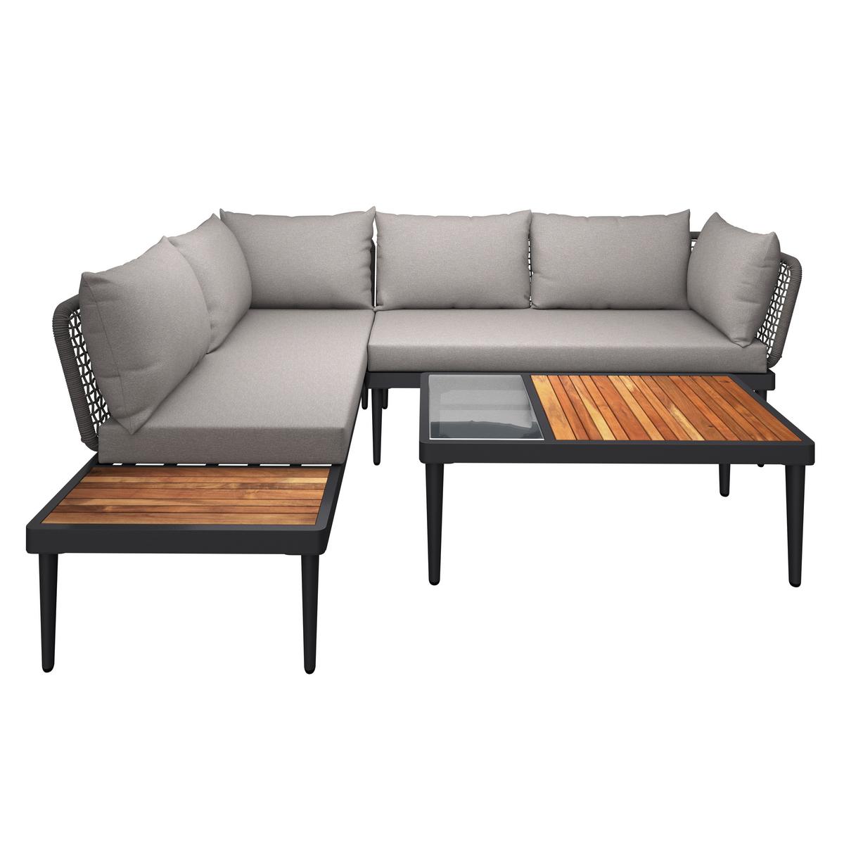 Lounge Garnitura Basel, Siva, Akacija, 3-Delno - siva/naravne barve, Moderno, kovina/steklo (186/150cm) - Beldano
