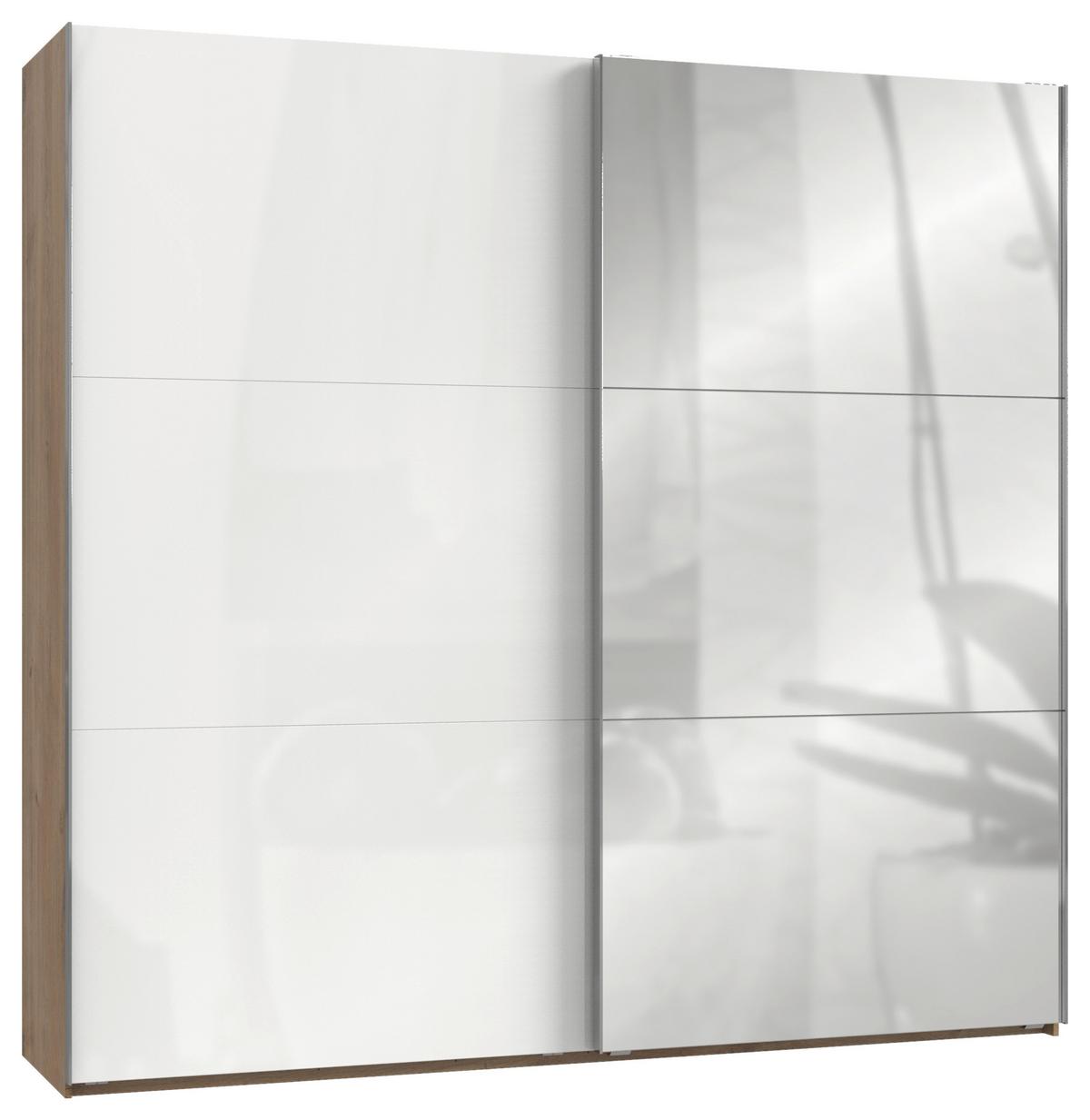 Schwebetürenschrank Level 36D ca. 250 cm Weiß/Eiche Dekor - Chromfarben/Weiß Hochglanz, MODERN, Holzwerkstoff/Metall (250/236/65cm) - MID.YOU