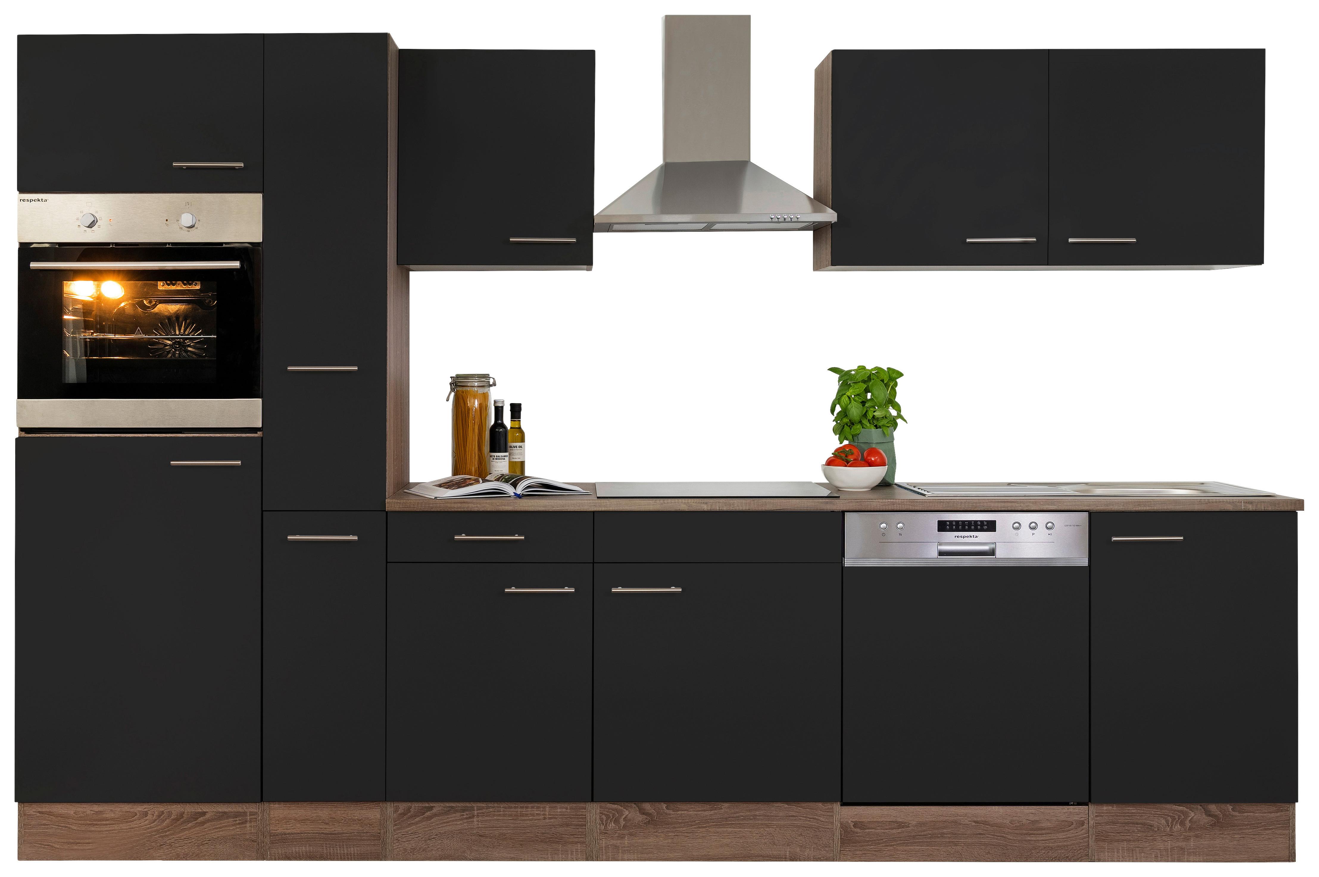 Küchenzeile mit Geräte Schwarz /Eiche Dekor B: ca. 310 cm - Edelstahlfarben/Eichefarben, Design, Holzwerkstoff/Metall (310cm) - Respekta