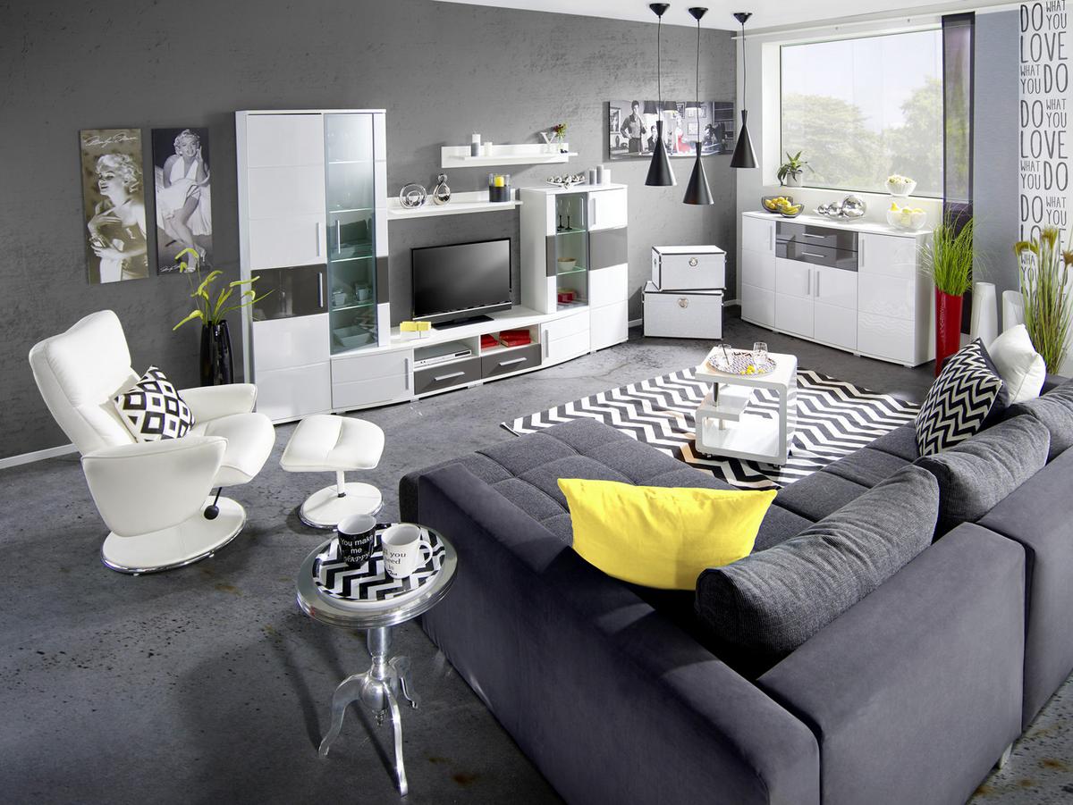 Wohnwand in Weiss/Grau Hochglanz - Weiss/Grau, Modern, Holz (296/198/50cm) - Mömax