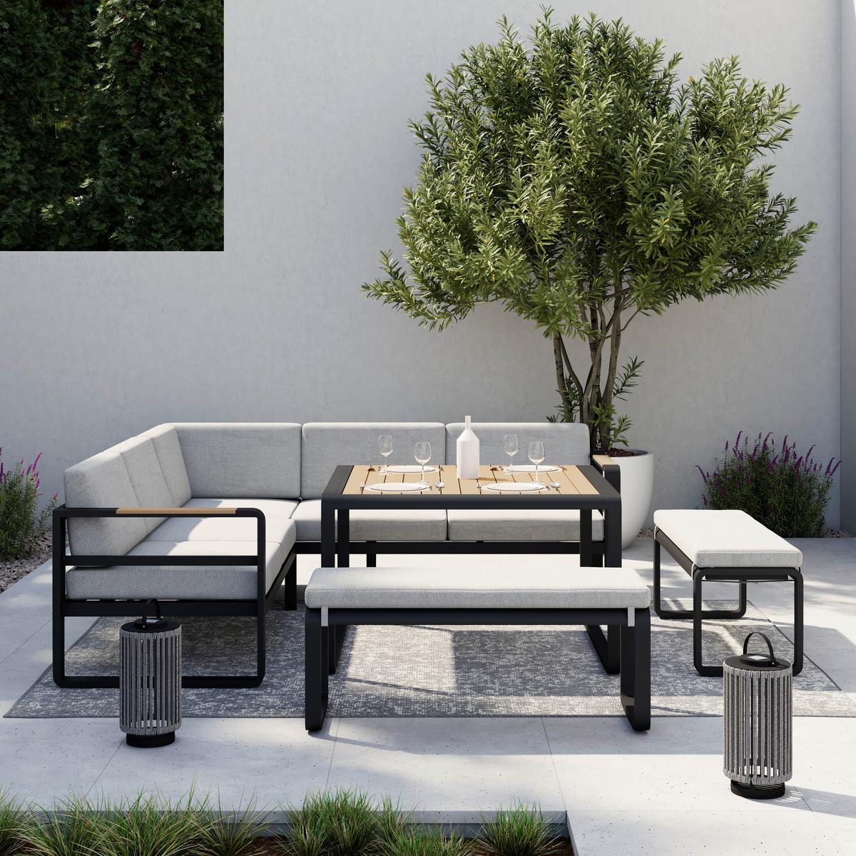 Dining-Loungeset Aruba Hellgr. /Schwarz Outdoorstoff/Metall - Hellgrau/Schwarz, MODERN, Kunststoff/Textil - Bessagi Garden