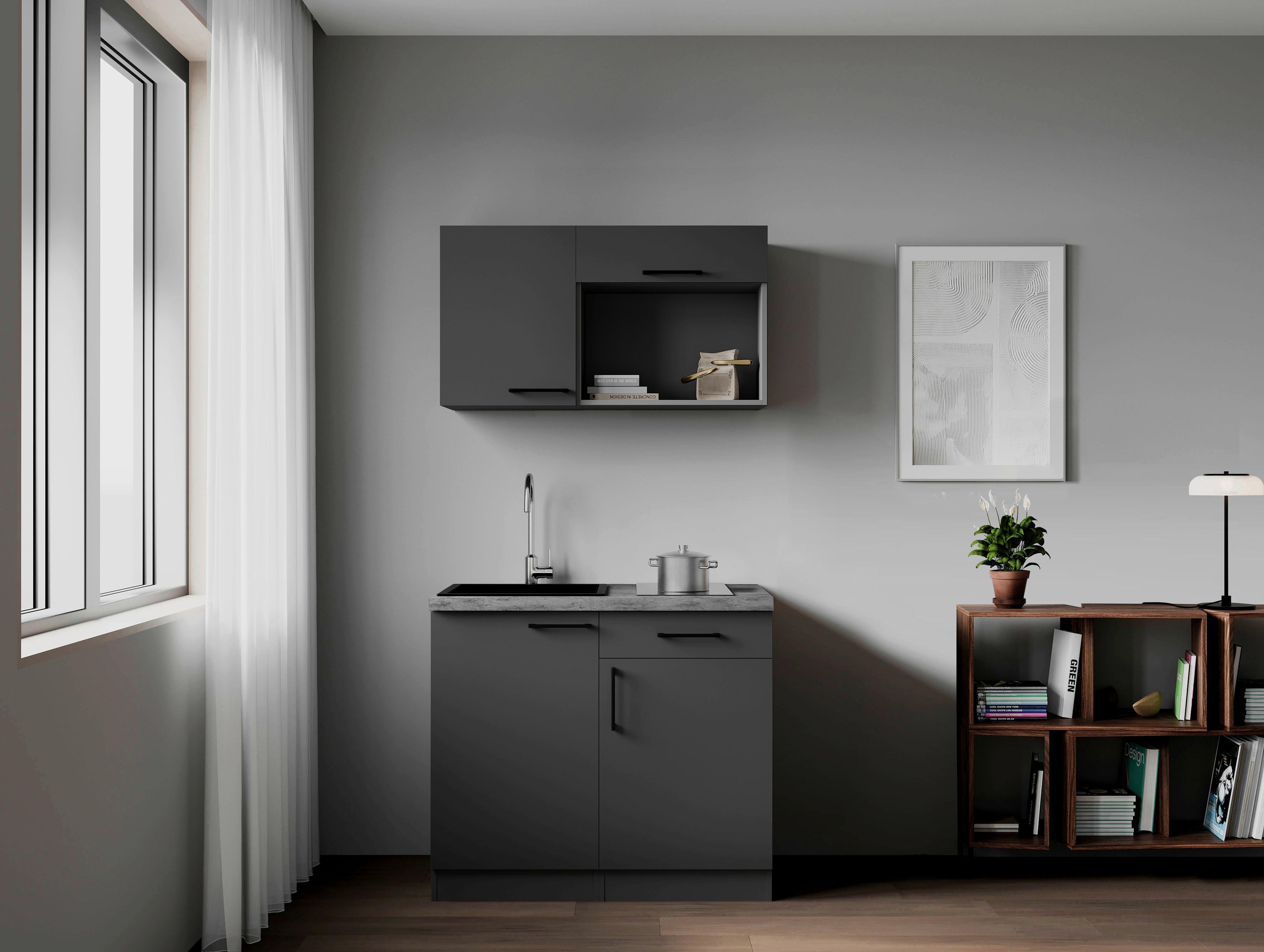 Miniküche Oliver m. Gerät ca. 100cm Grau - Grau, Trend, Holzwerkstoff/Metall (100cm) - Respekta