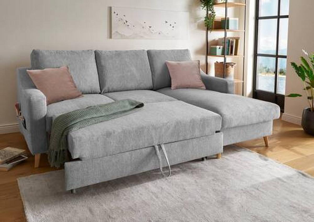Wohnlandschaft Valentina Grau Mikrofaser - Dunkelrosa/Naturfarben, Design, Holz/Textil (228/150cm) - MID.YOU
