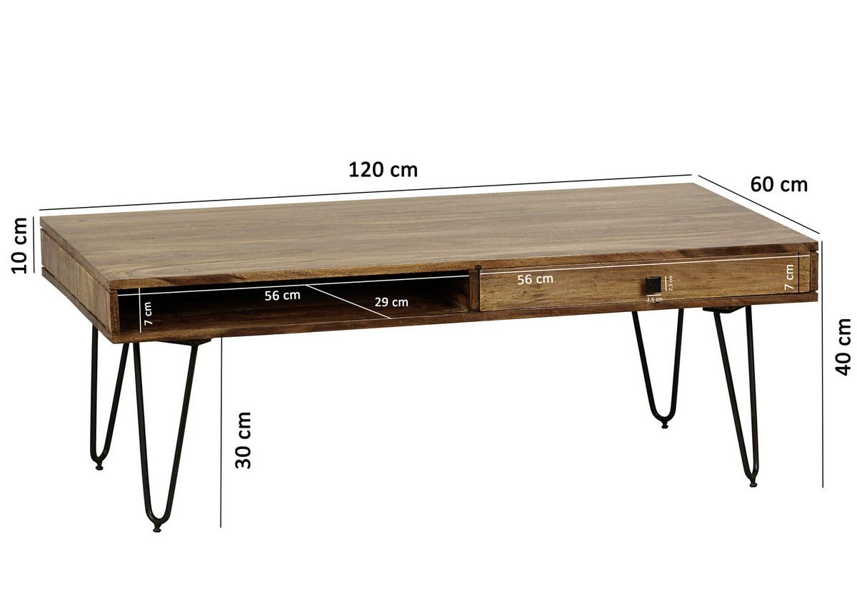 Couchtisch Bagli ca. 117x60 cm Sheesham massiv - Sheeshamfarben/Schwarz, Design, Holz/Metall (117/60/40cm) - MID.YOU