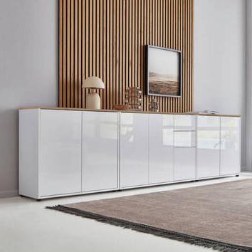 Sideboard Mailand Set 6 Weiß/Eiche - Weiß Hochglanz/Schwarz, MODERN, Holzwerkstoff/Kunststoff (263,5/73/33cm) - MID.YOU