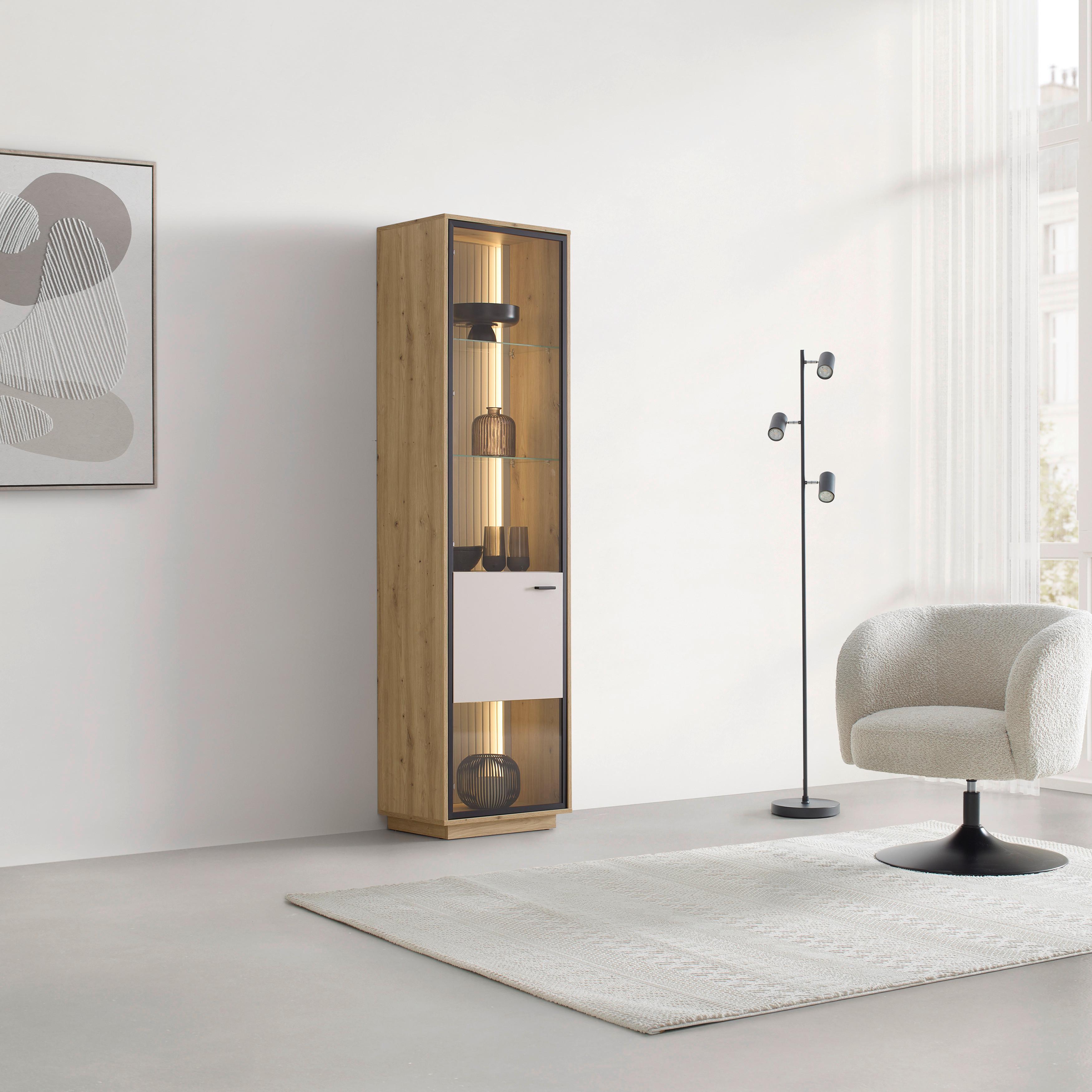 Vitrine Cremona Kaschmir/Eiche Artisan - Kaschmir/Schwarz, MODERN, Glas/Holzwerkstoff (52/200/38cm) - Premium Living