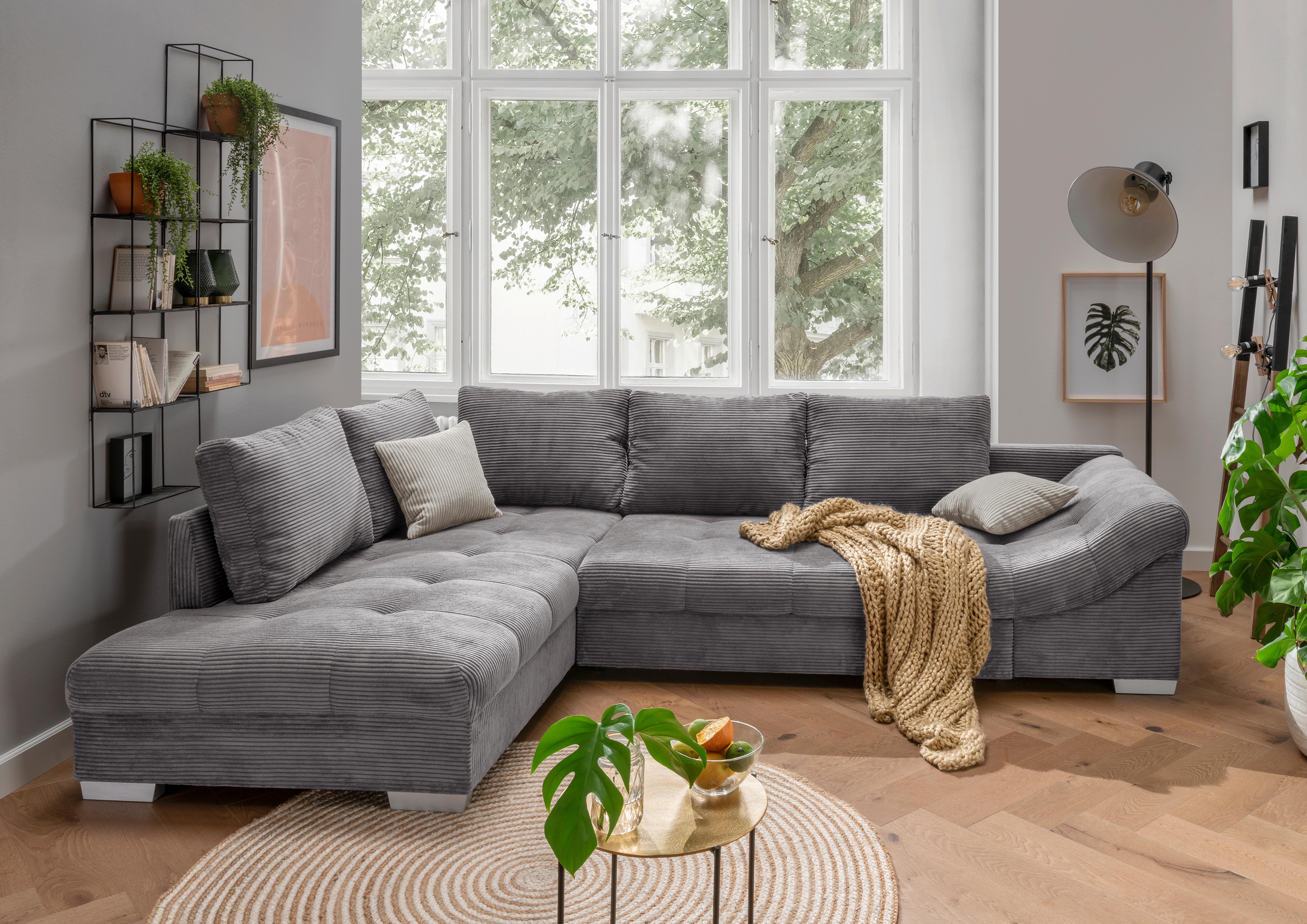 Wohnlandschaft Alvito Grau Cord - Silberfarben/Grau, Design, Holz/Textil (202/298cm) - MID.YOU