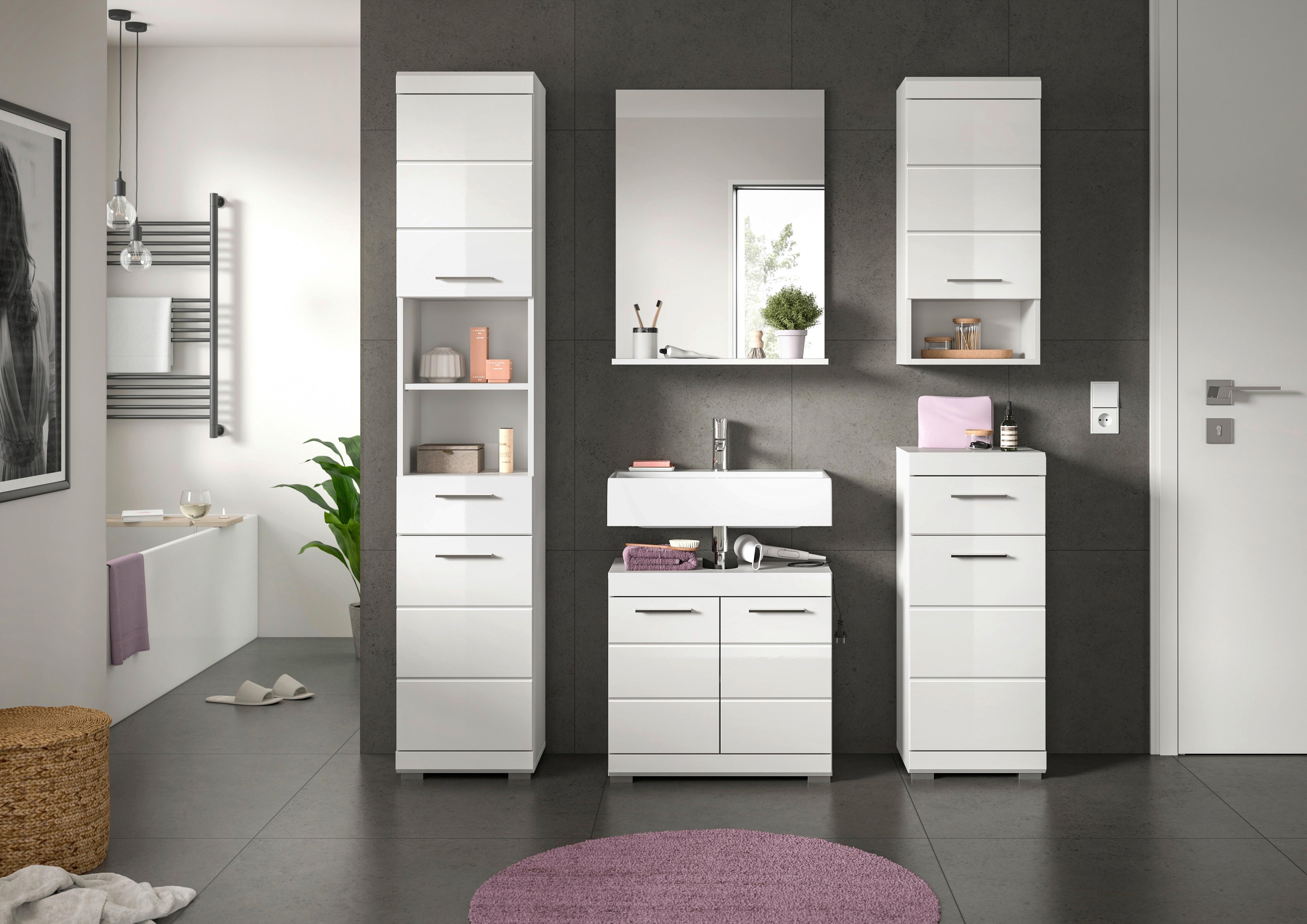 Badezimmer SCOUT 5-teilig Weiß Hochglanz - Weiß Hochglanz/Silberfarben, MODERN, Glas/Holzwerkstoff (154cm) - MID.YOU