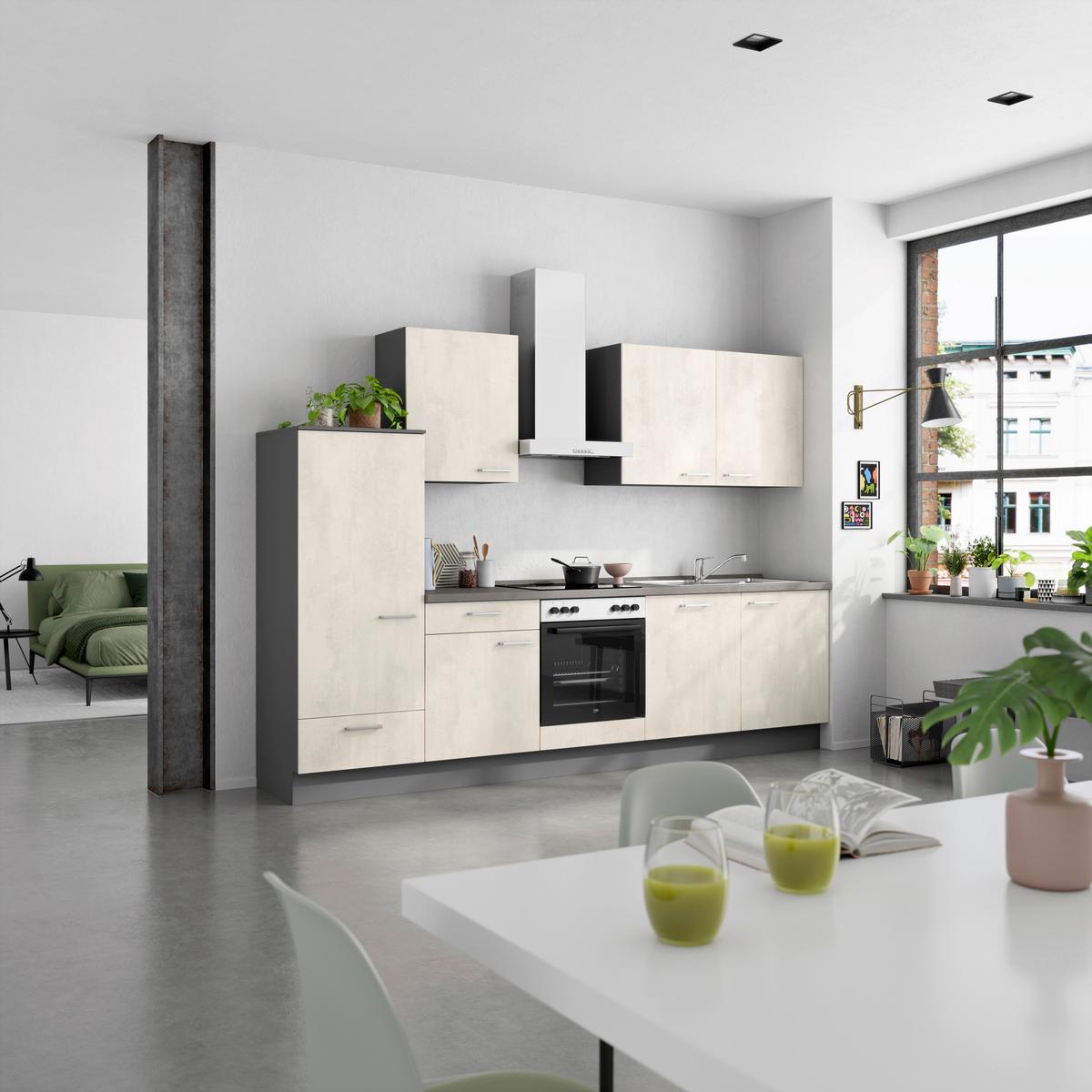 Küchenblock Riva Low m. Geräten Weiß - Schieferfarben/Edelstahlfarben, MODERN, Holzwerkstoff/Metall (300cm) - Nobilia