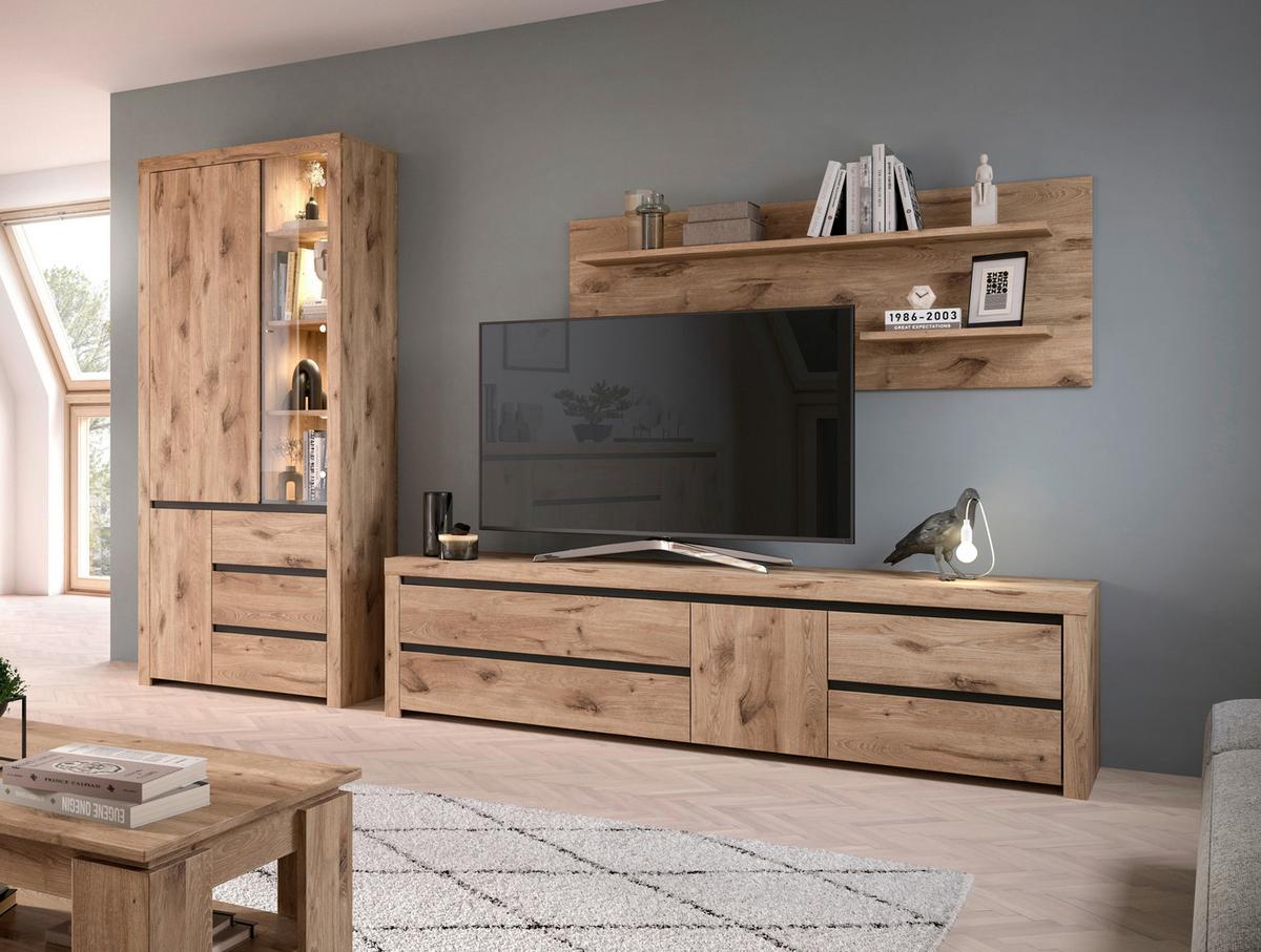 Stenska Polica Woody, Pribl. 160x60x20 Cm, Nox Hrast - antracit, Natur, leseni material (160/60/20cm)