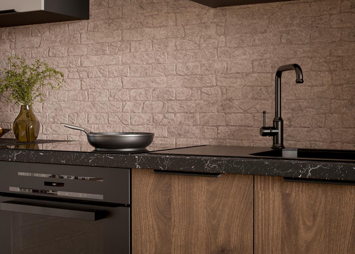 Bucatarie fara electrocasnice MONZA/ARONA - cașmir/culoare lemn de nuc, Modern, sticlă/material pe bază de lemn (260/210/60cm) - Modern Living