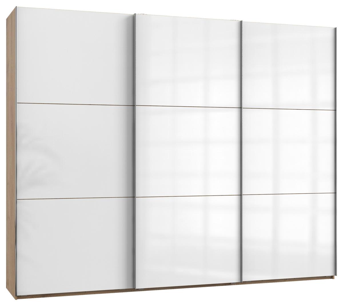 Schwebetürenschrank Level 36D ca. 300 cm Weiß/Eiche Dekor - Chromfarben/Weiß Hochglanz, MODERN, Holzwerkstoff/Metall (300/236/65cm) - MID.YOU