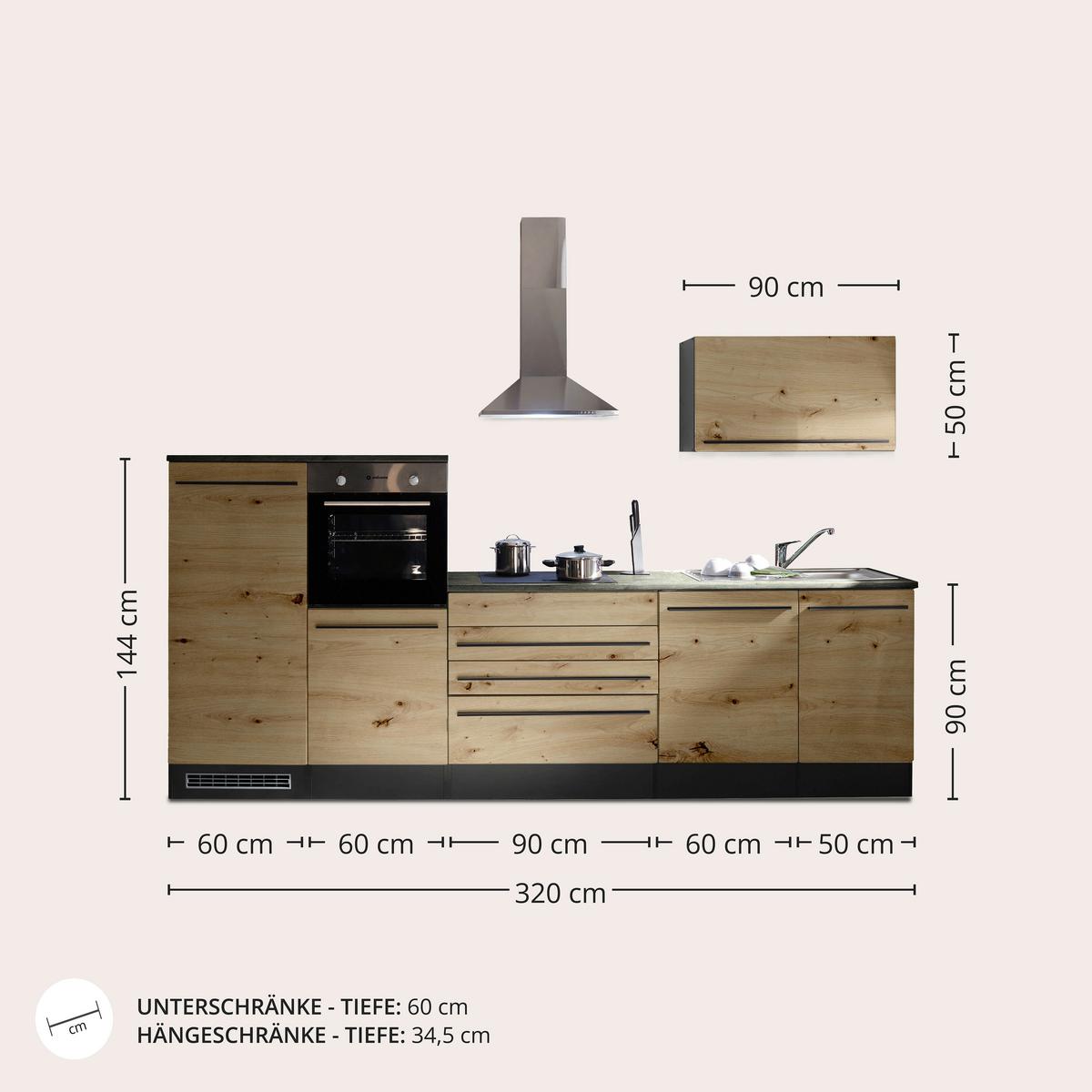 Küchenblock Jazz mit Geräten ca.320 cm Eiche/Anthrazit - Anthrazit/Schwarz, Basics, Holzwerkstoff/Kunststoff (320cm) - P & B