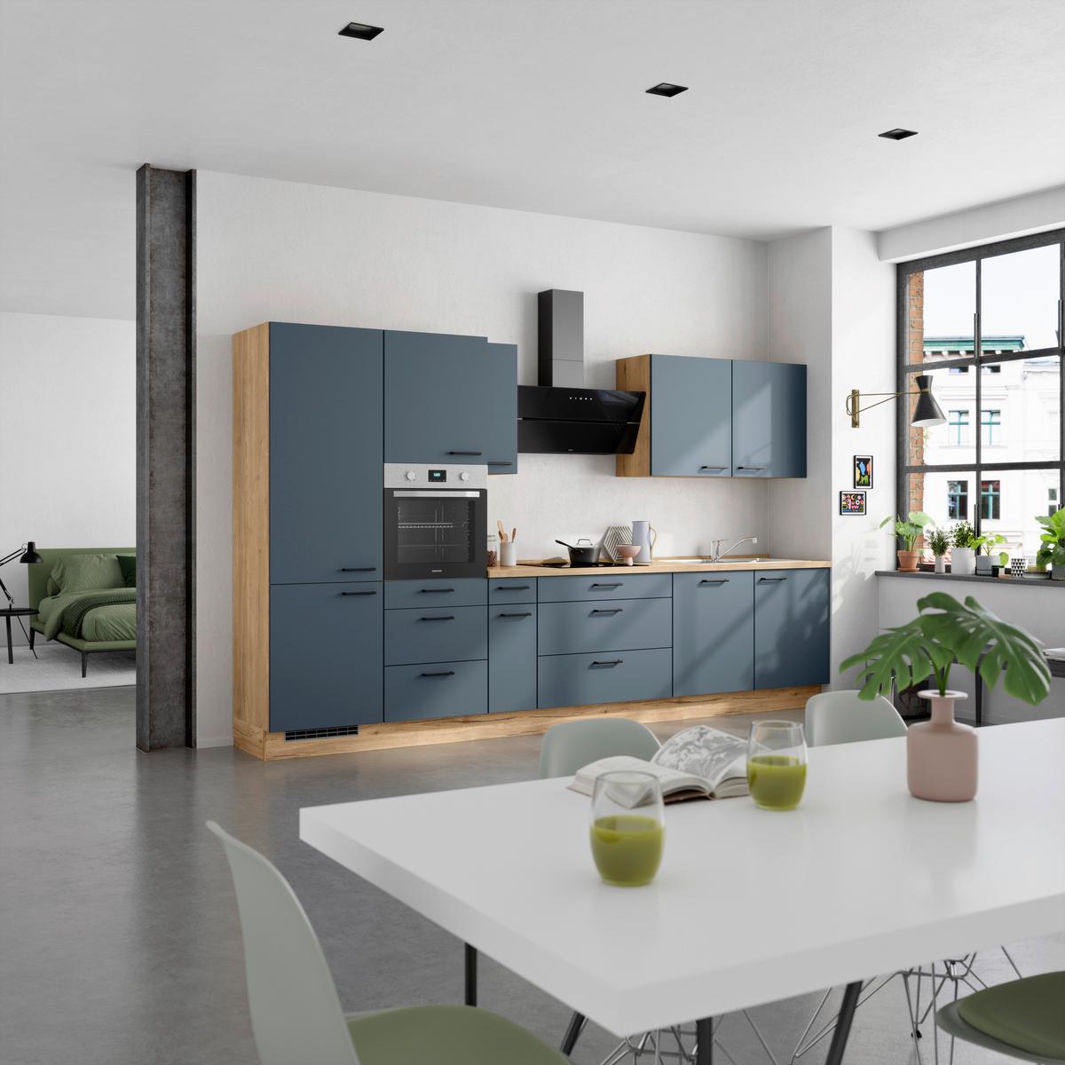 Küchenblock Easytouch High m. Geräten Dunkelblau - Eichefarben/Schwarz, MODERN, Holzwerkstoff/Metall (360cm) - Nobilia