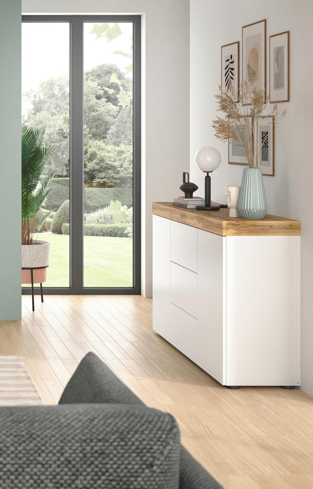 Komoda Sugar, Bela, Barva Hrasta - hrast wotan/bela, Design, leseni material (125/80/37cm) - MID.YOU