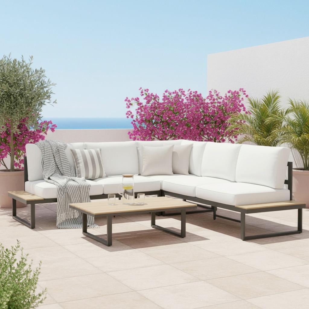 LoungegarniturSet Arianna Weiß Metall/Outdoorstoff - Creme/Schwarz, MODERN, Kunststoff/Textil (228cm) - Bessagi Garden