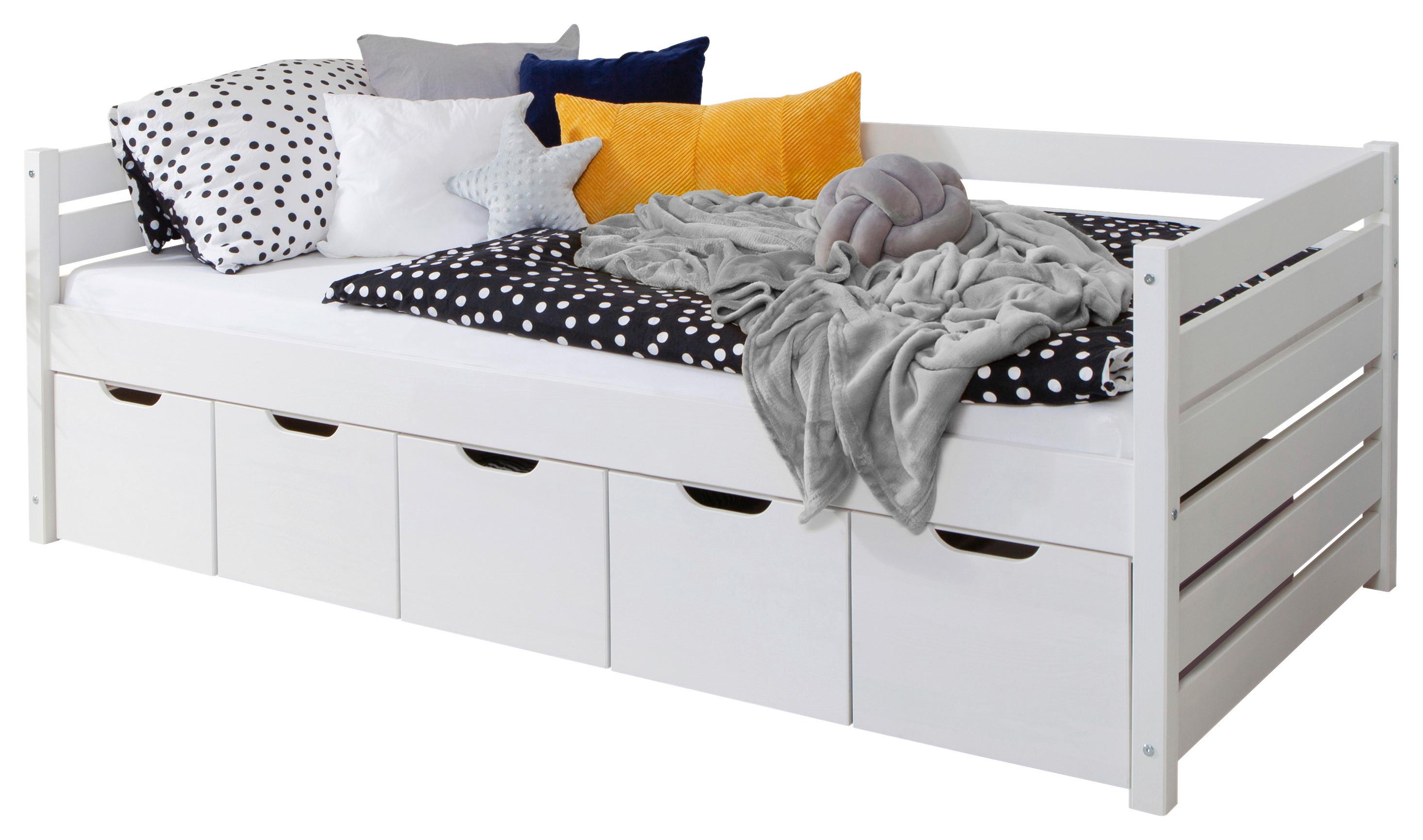 Stauraumbett Naomi mit 5 Schubkästen ca. 90x200 cm Weiß - Weiß, MODERN, Holz (90/200cm) - MID.YOU