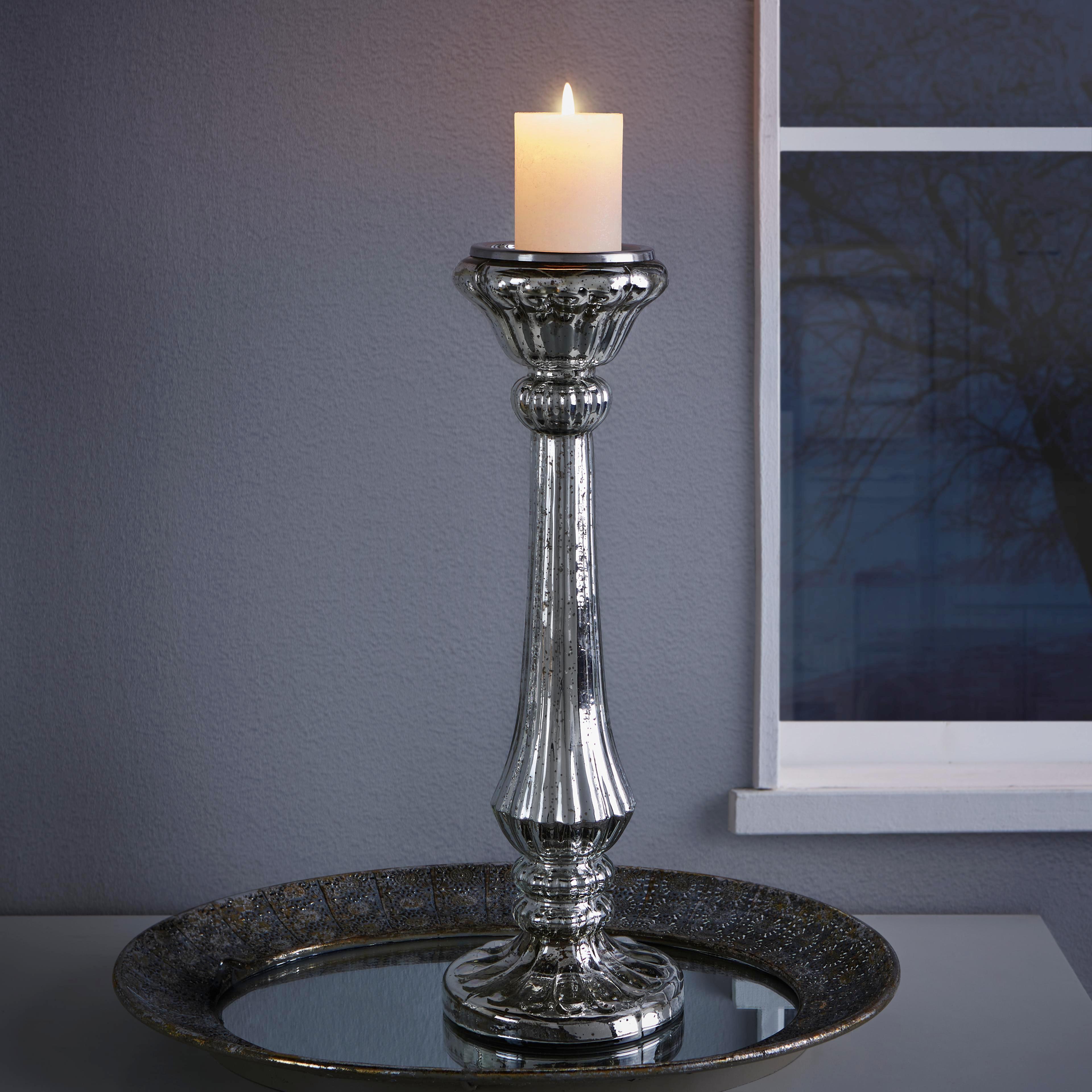 Kerzenhalter in Silber H ca. 53 cm 'Lorna' - Silberfarben, KONVENTIONELL, Glas/Metall (17/53cm) - Bessagi Home