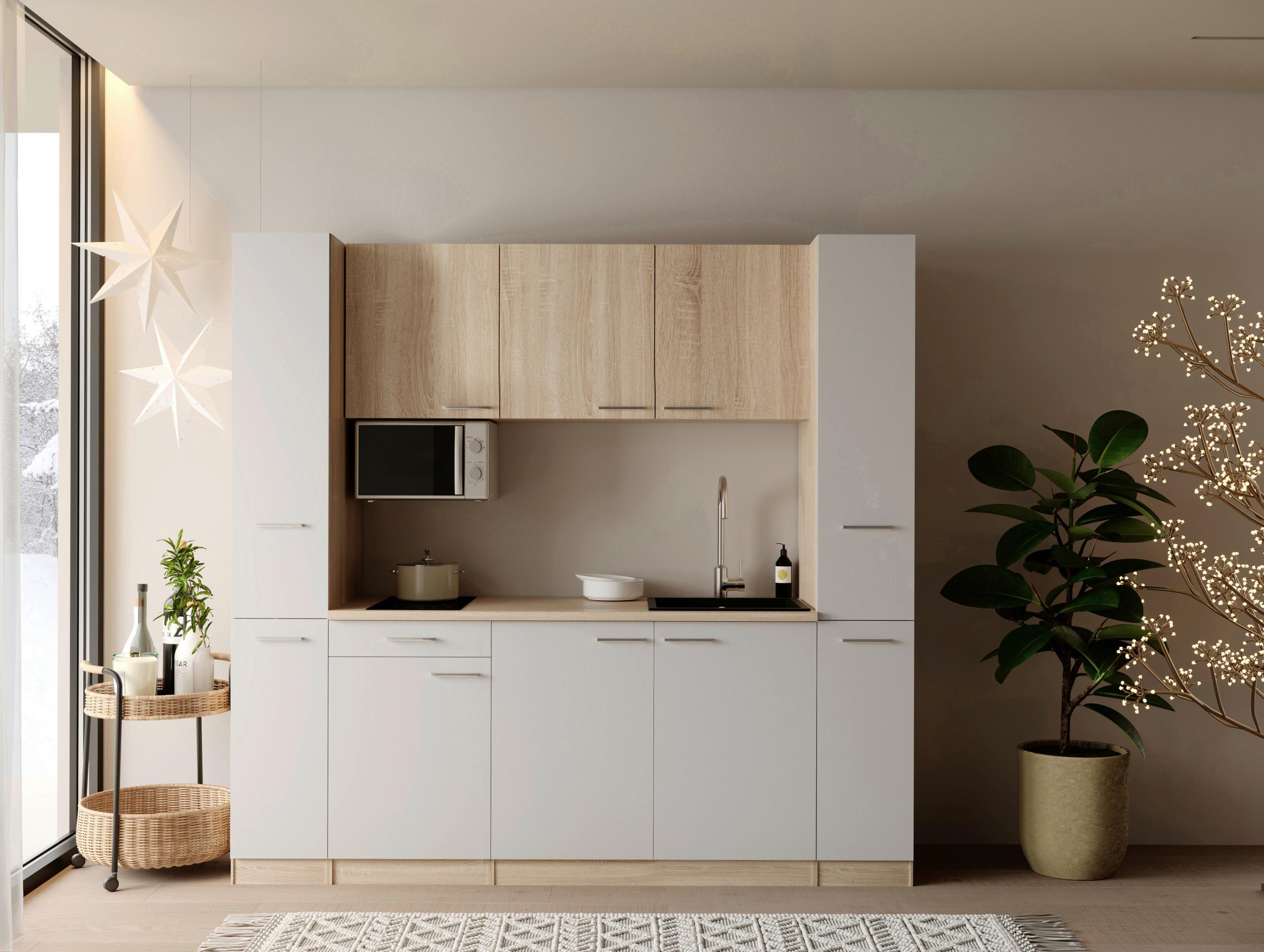 Küchenblock Ingrid m. Geräten Weiß - Eichefarben/Alufarben, Design, Holzwerkstoff/Kunststoff (210cm) - Respekta