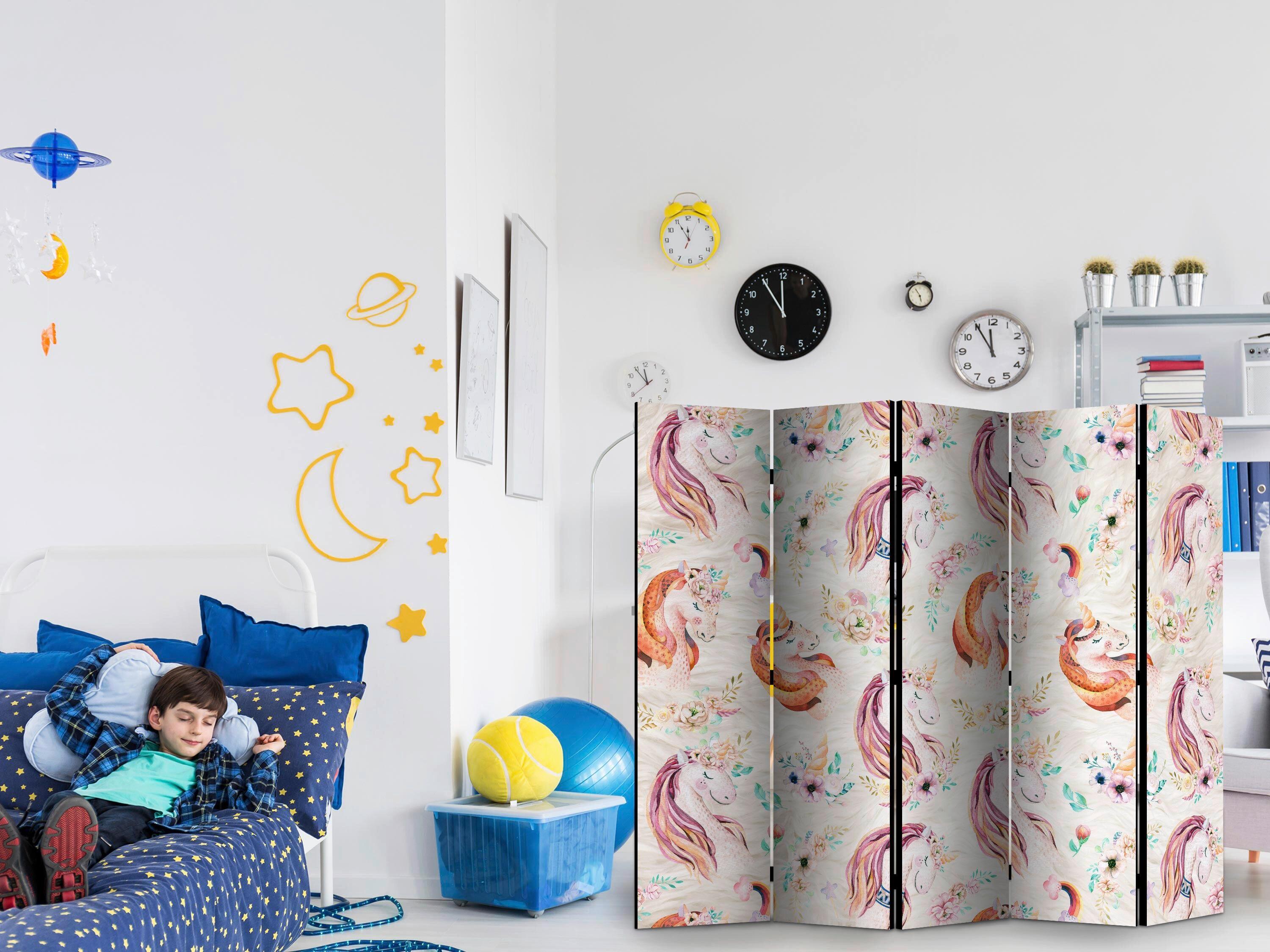 Paravan Pastel Unicorns I, 5-Delni, Dvostranski - večbarvno, Basics, tekstil/les (225/172/3cm) - artgeist