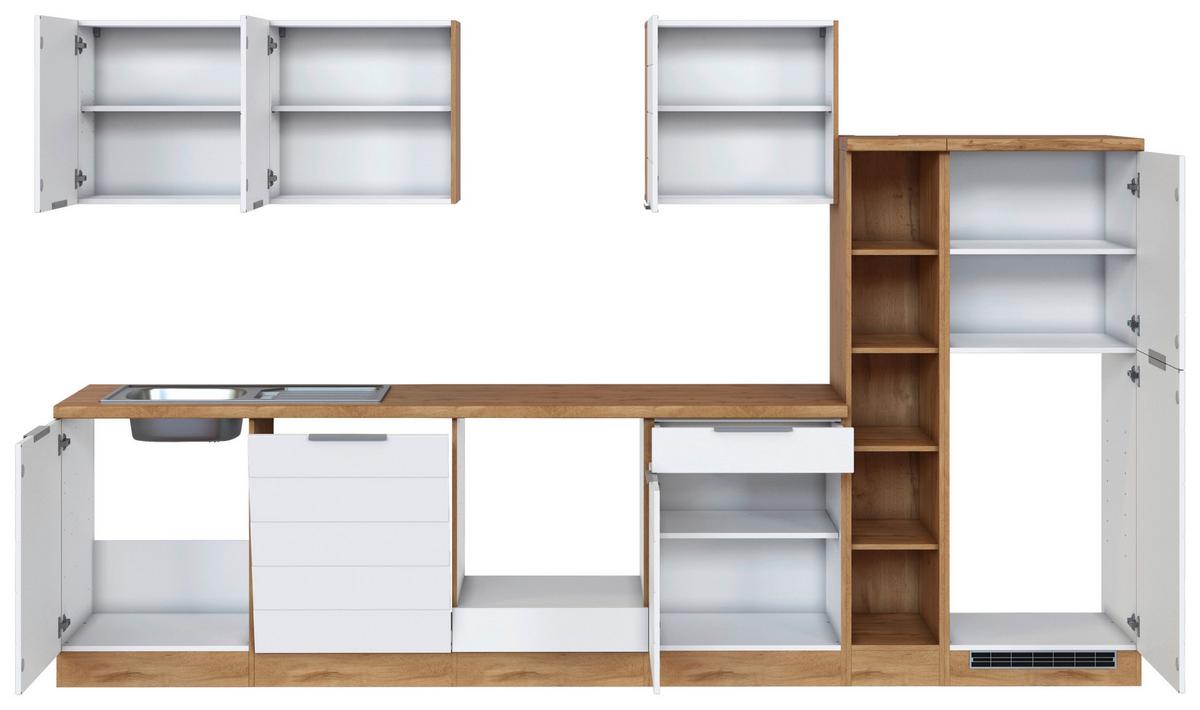 Küchenblock Florenz ohne Geräte ca. 330 cm Weiß/Eiche - Eiche Wotan/Weiß, Design, Holzwerkstoff/Metall (330cm) - Held
