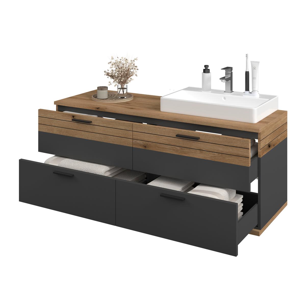 Umivalniška Enota Z Umivalnikom, Cotlu, Antracit - črna/barve hrasta, Moderno, kovina/leseni material (140/57/48cm) - James Wood