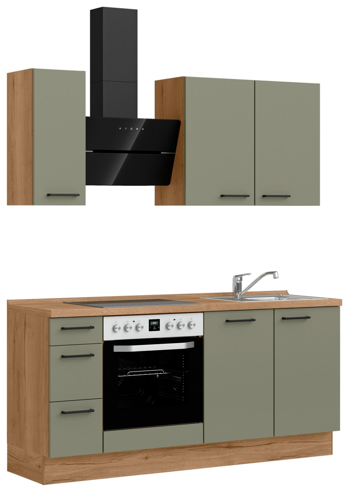 Küchenleerblock Senso High o. Geräte Olivgrün - Eichefarben/Schwarz, ROMANTIK / LANDHAUS, Holzwerkstoff/Metall (180cm) - Nobilia