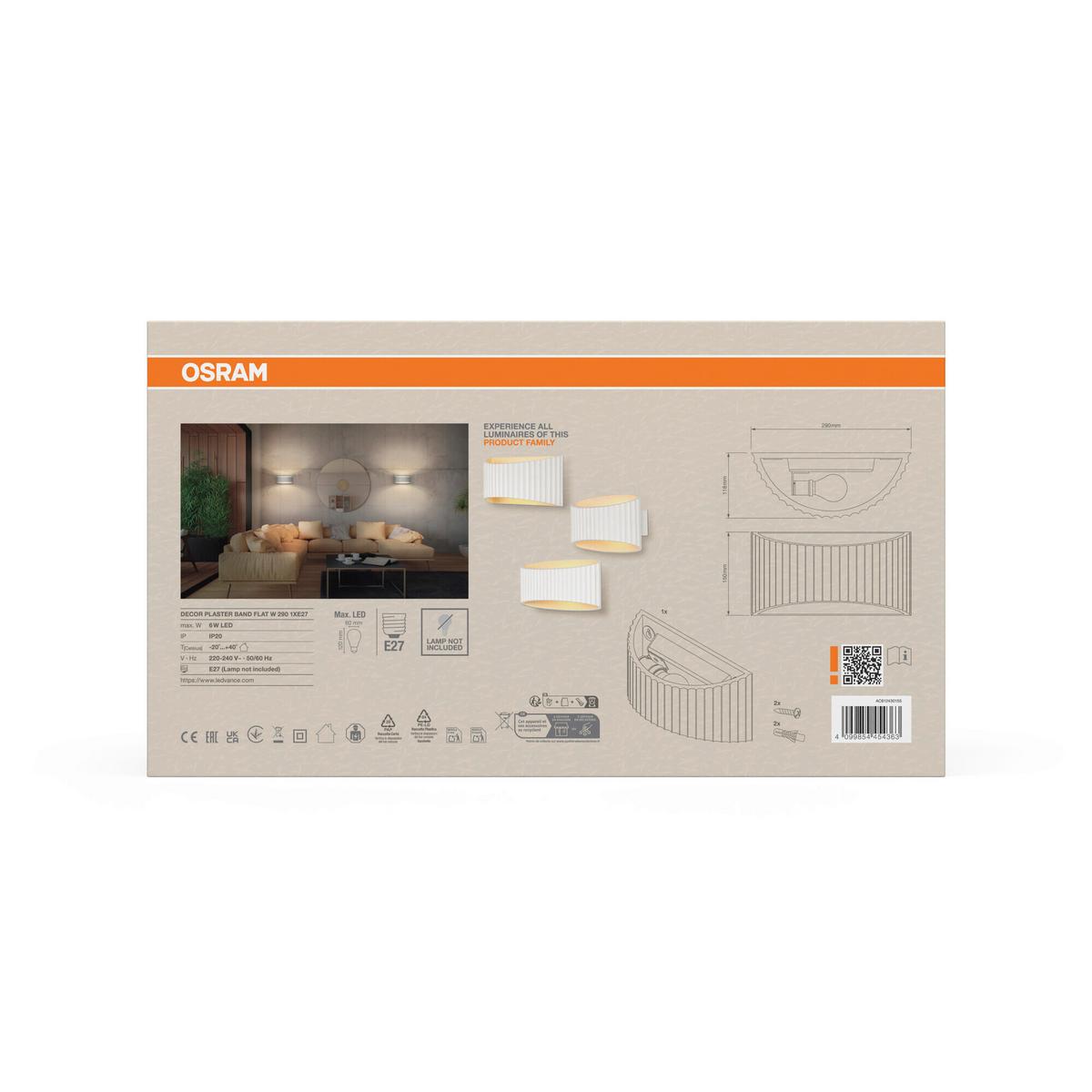 KINKIET DCR PLSTR BANDFLAT W 290 1XE27 - biały, Basics, kamień (29/11,8/15cm) - Osram