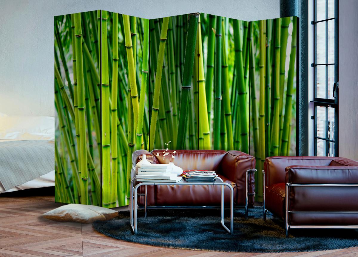 Paravan Bamboo Forest I, 5-Delni, Akustičen - svetlo zelena, Basics, umetna masa/tekstil (225/172/3cm) - artgeist