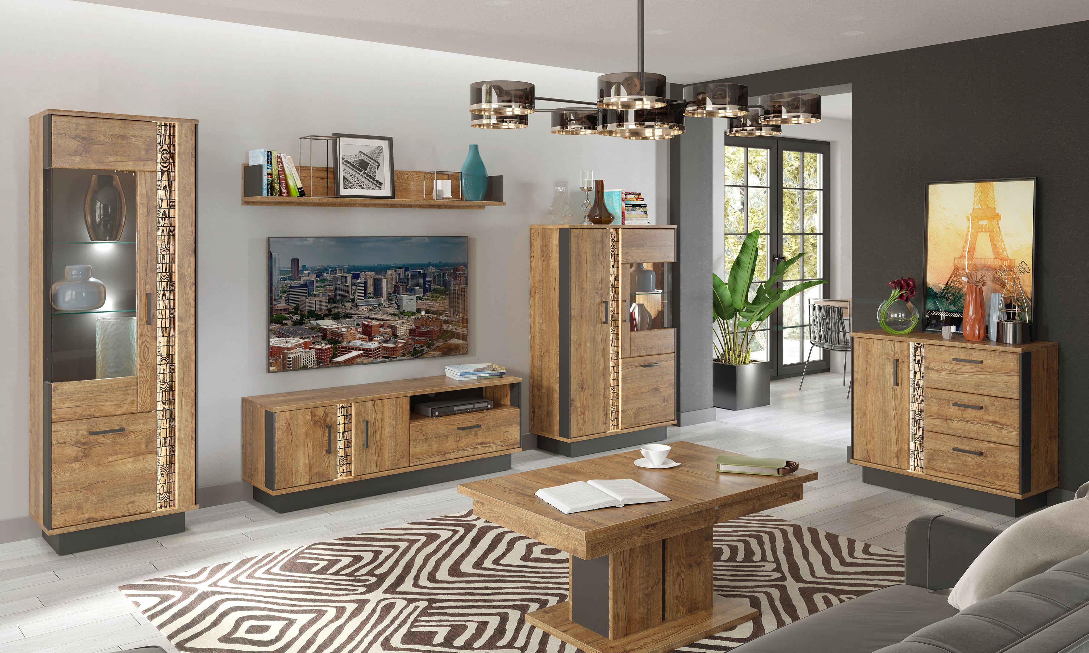 REGAŁ ŚCIENNY DORIAN - kolor dębowy/czarny, Design, materiał drewnopochodny (24/153/22cm) - MID.YOU