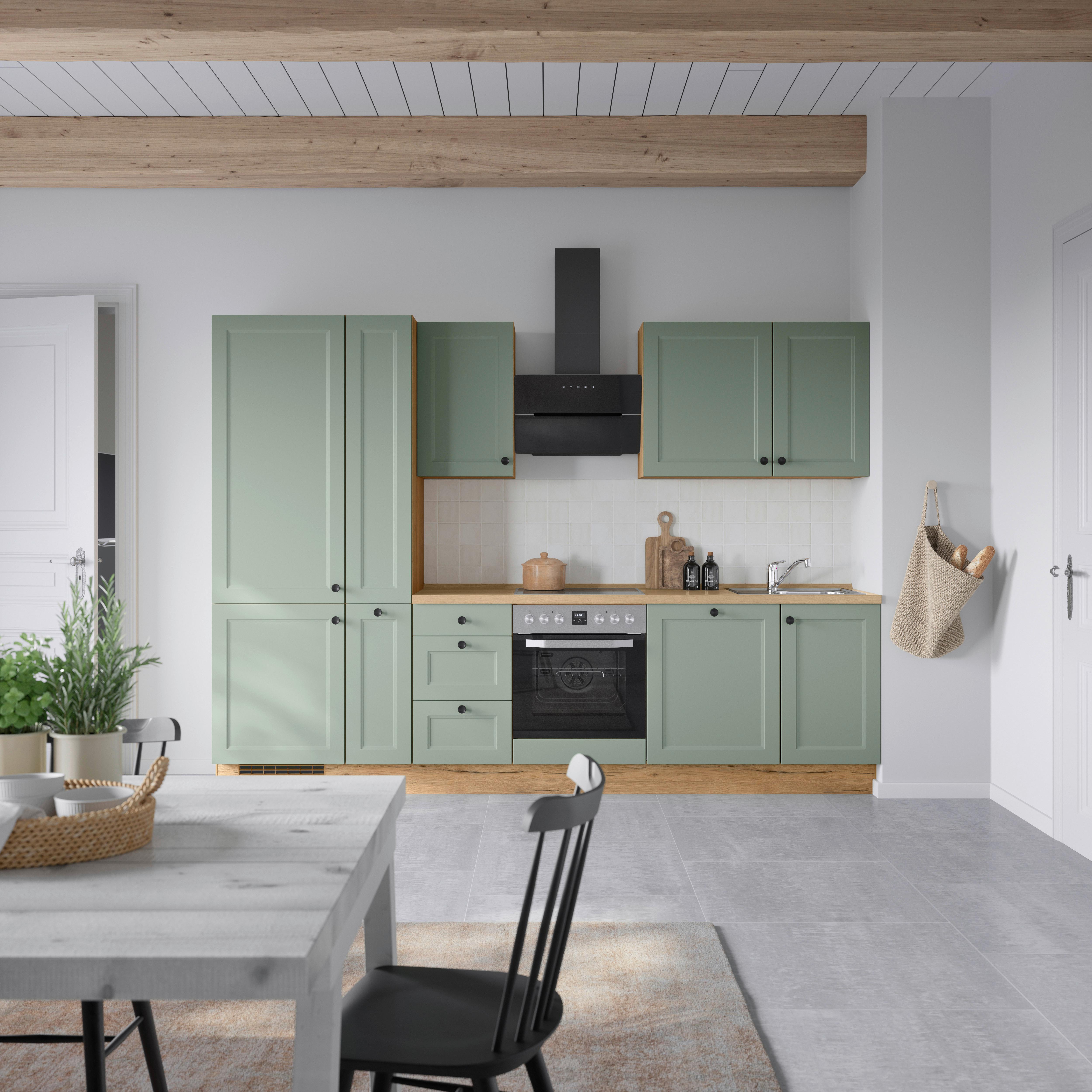 Küchenblock Cascada High m. Geräten Schilfgrün - Schilfgrün/Eichefarben, MODERN, Holzwerkstoff/Metall (300cm) - Nobilia