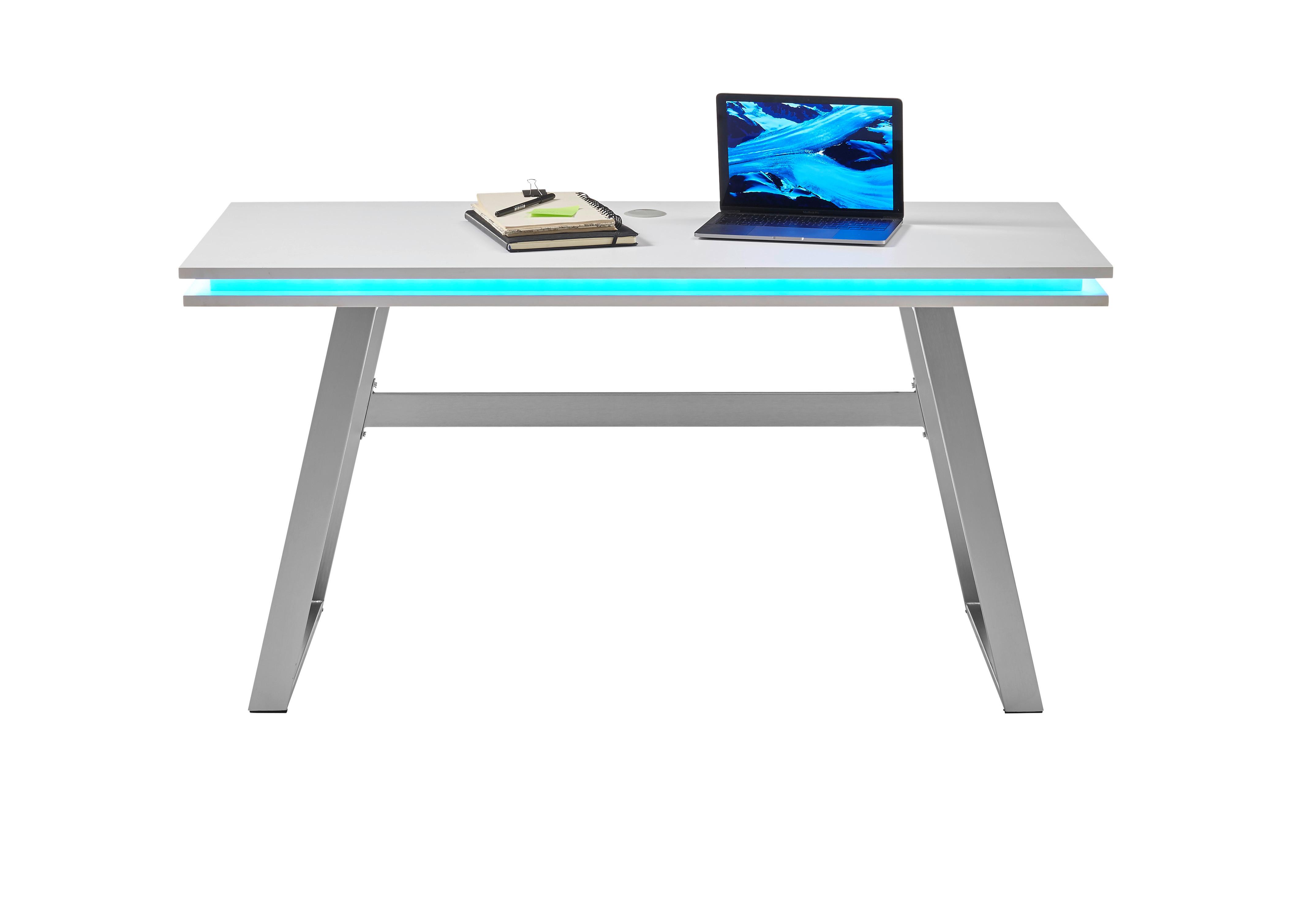Schreibtisch in Weiss mit Beleuchtung - Weiss/Edelstahlfarben, Modern, Holzwerkstoff/Metall (140/75/60cm) - Mömax