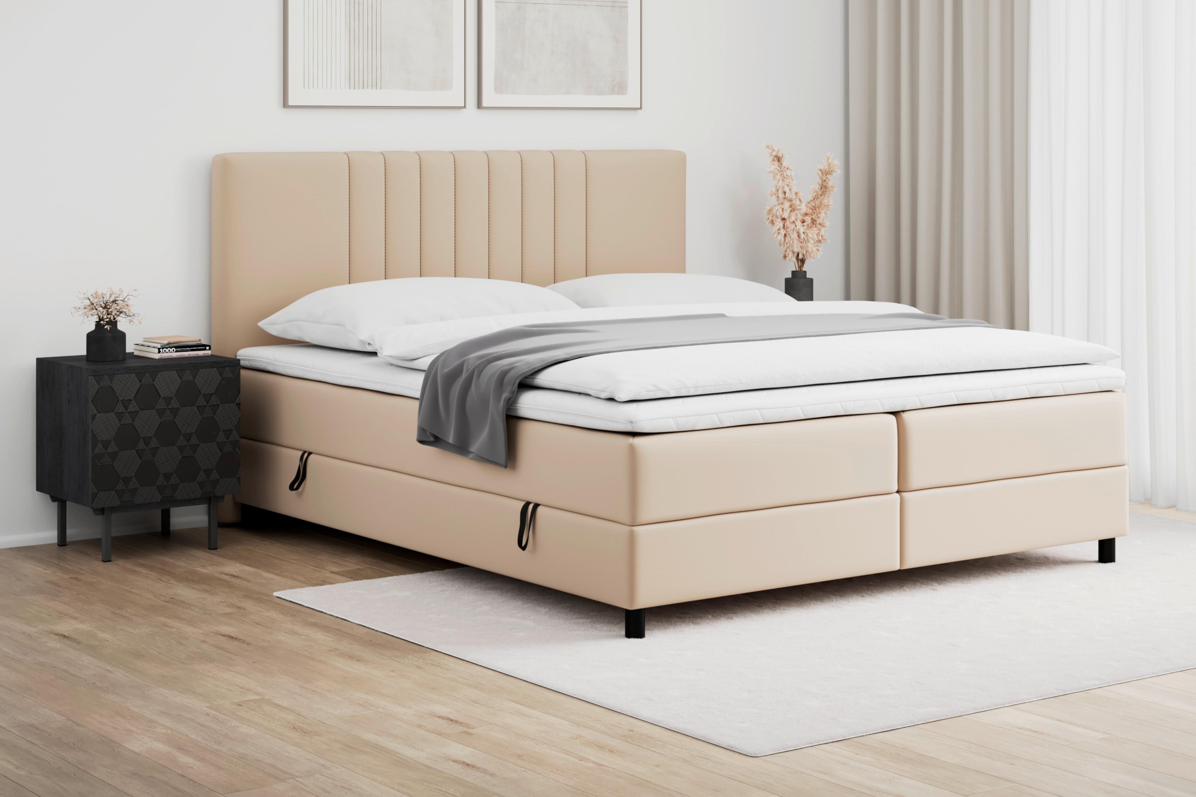 Boxbett Roma ca. 180x200 cm Beige mit Topper - Beige/Schwarz, MODERN, Holz/Textil (180/200cm) - Bessagi Home