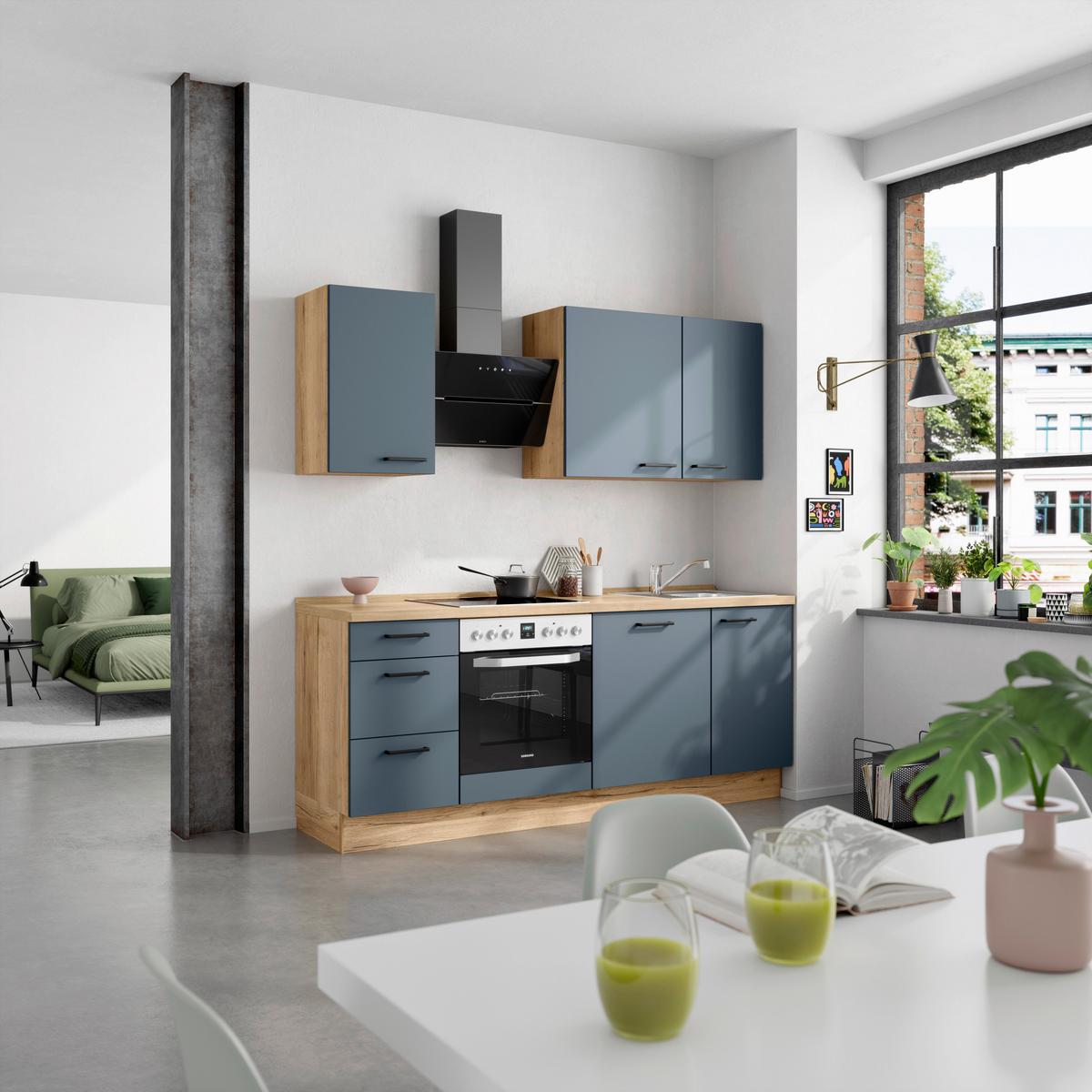 Küchenblock Easytouch High m. Geräten Dunkelblau - Eichefarben/Schwarz, MODERN, Holzwerkstoff/Metall (210cm) - Nobilia