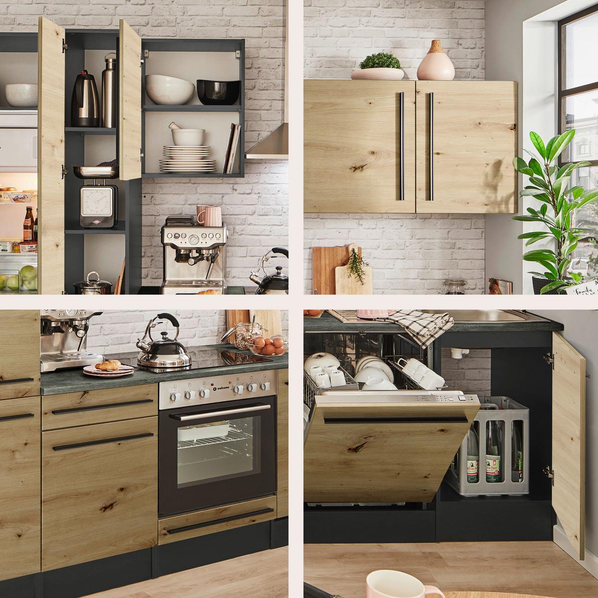 Küchenblock Jazz mit Geräten ca.310cm Eiche/Anthrazit - Anthrazit/Schwarz, LIFESTYLE, Holzwerkstoff/Kunststoff (310cm) - P & B