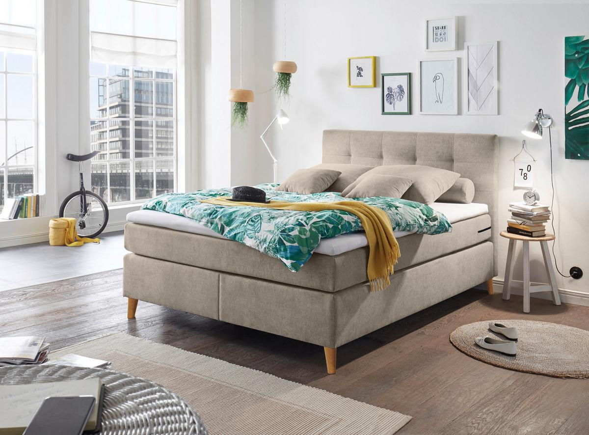 Boxspringbett Missouri 1 inkl. Topper ca. 140x200 cm Sandf. - Sandfarben/Kieferfarben, KONVENTIONELL, Holz/Holzwerkstoff (140/200cm) - MID.YOU