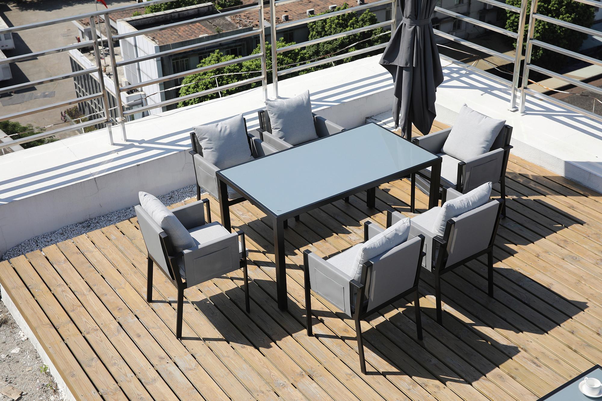 Gartentischgruppe 7-tlg. Grau/Schwarz - Schwarz/Grau, Design, Glas/Kunststoff - Gardenson