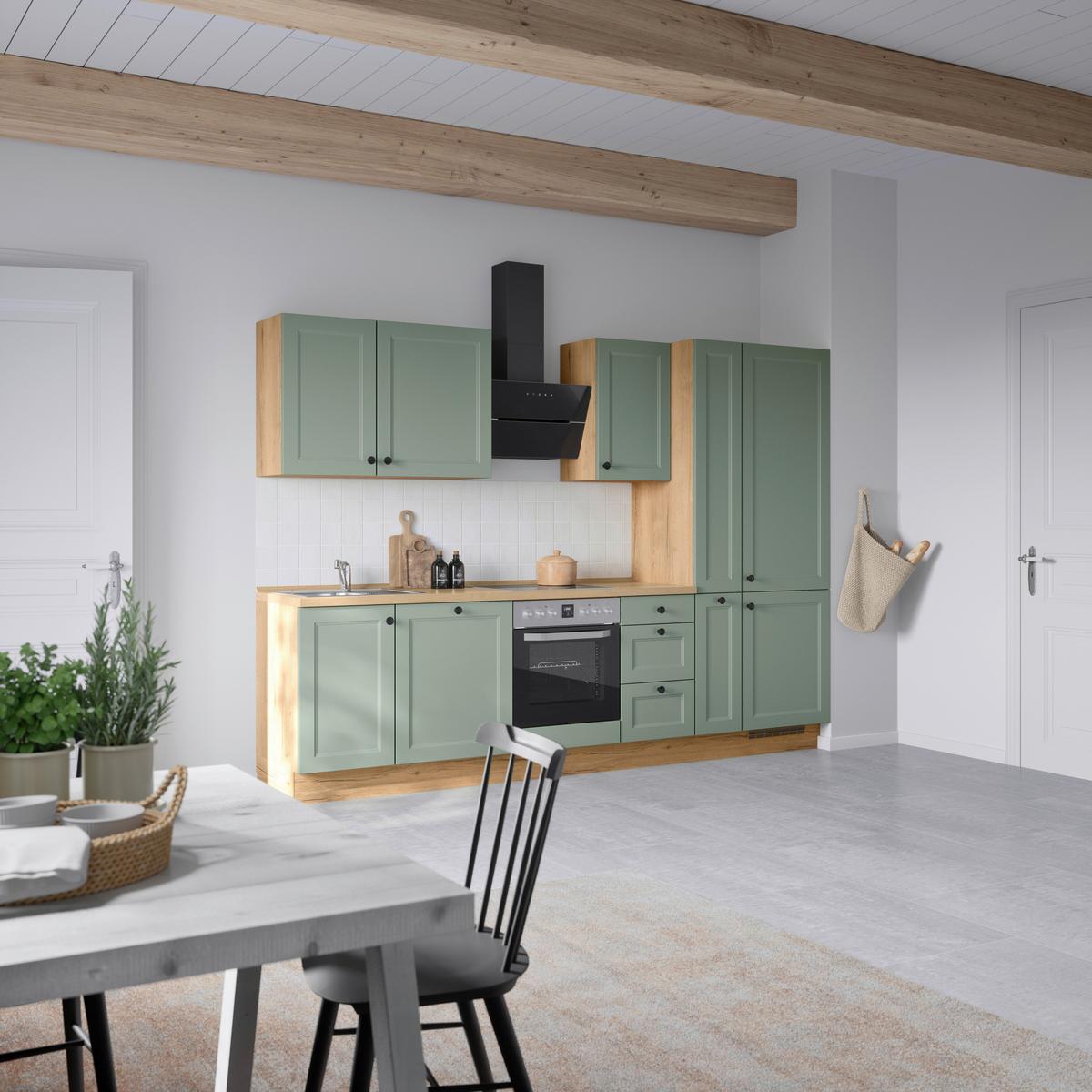 Küchenblock Cascada High m. Geräten Schilfgrün - Schilfgrün/Eichefarben, MODERN, Holzwerkstoff/Metall (300cm) - Nobilia