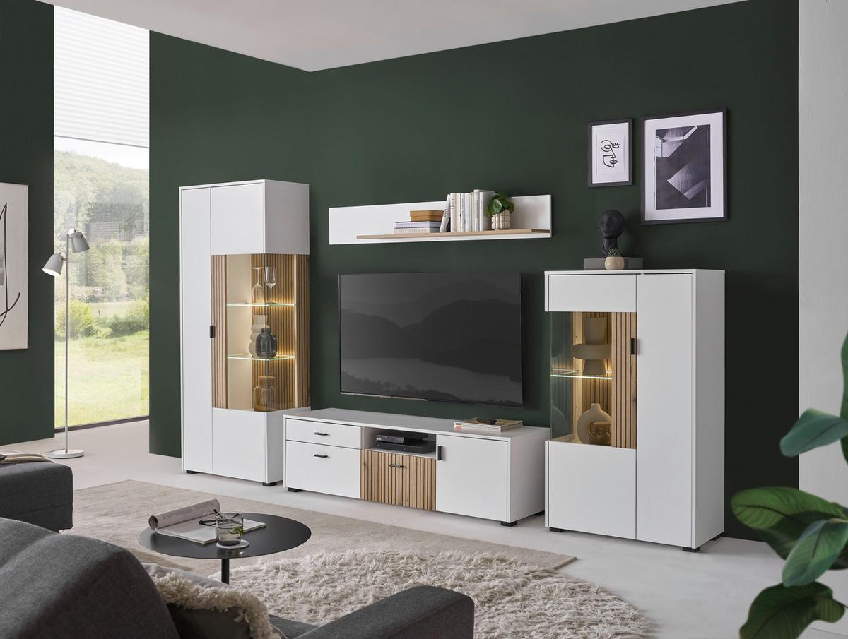 Wohnwand Hudson Weiß/Eichefarben - Eichefarben/Schwarz, Design, Glas/Holzwerkstoff (320/180/42cm) - MID.YOU