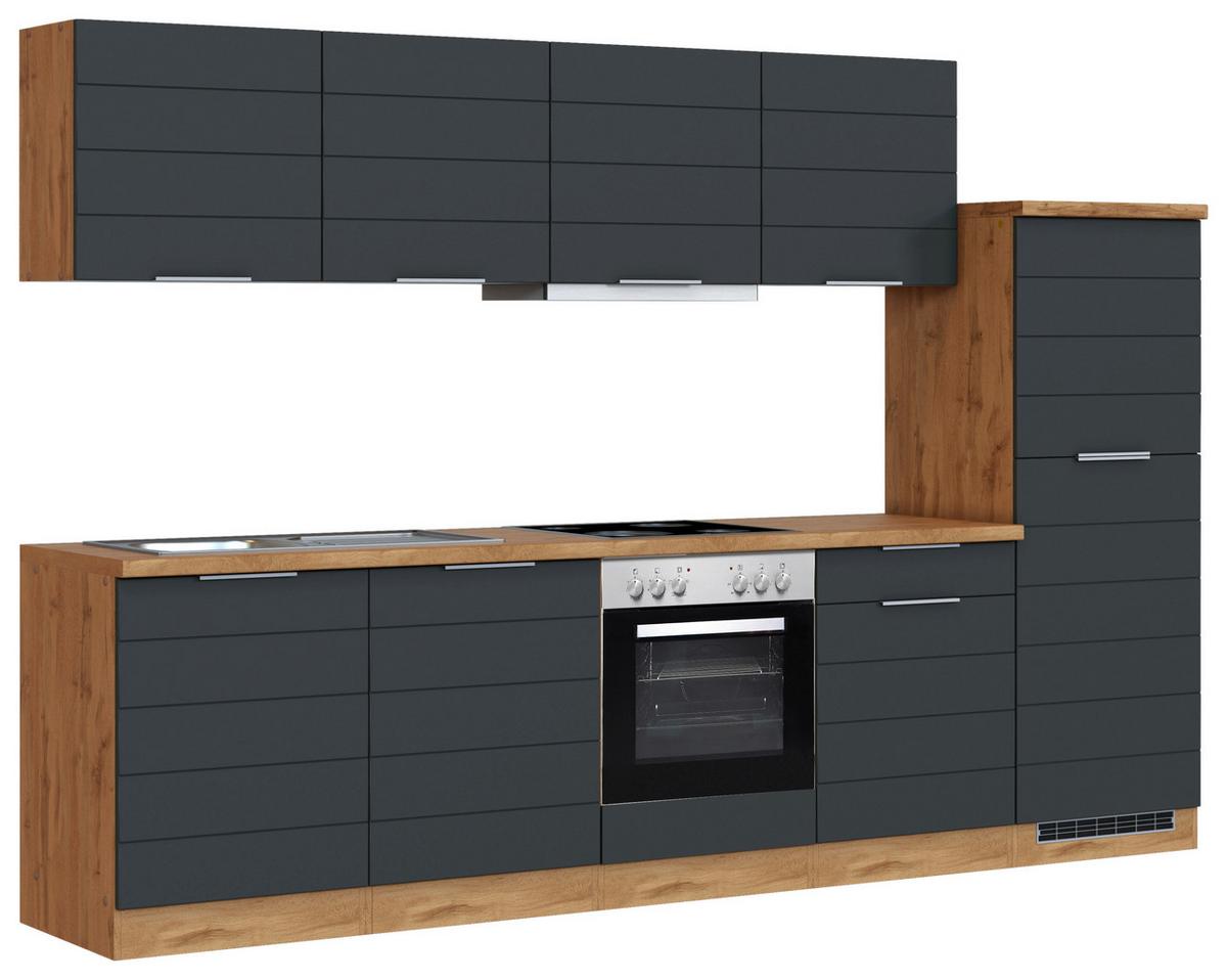 Küchenblock Florenz mit Geräten ca. 300 cm Grau/Eiche - Eiche Wotan/Grau, Design, Holzwerkstoff/Metall (300cm) - Held