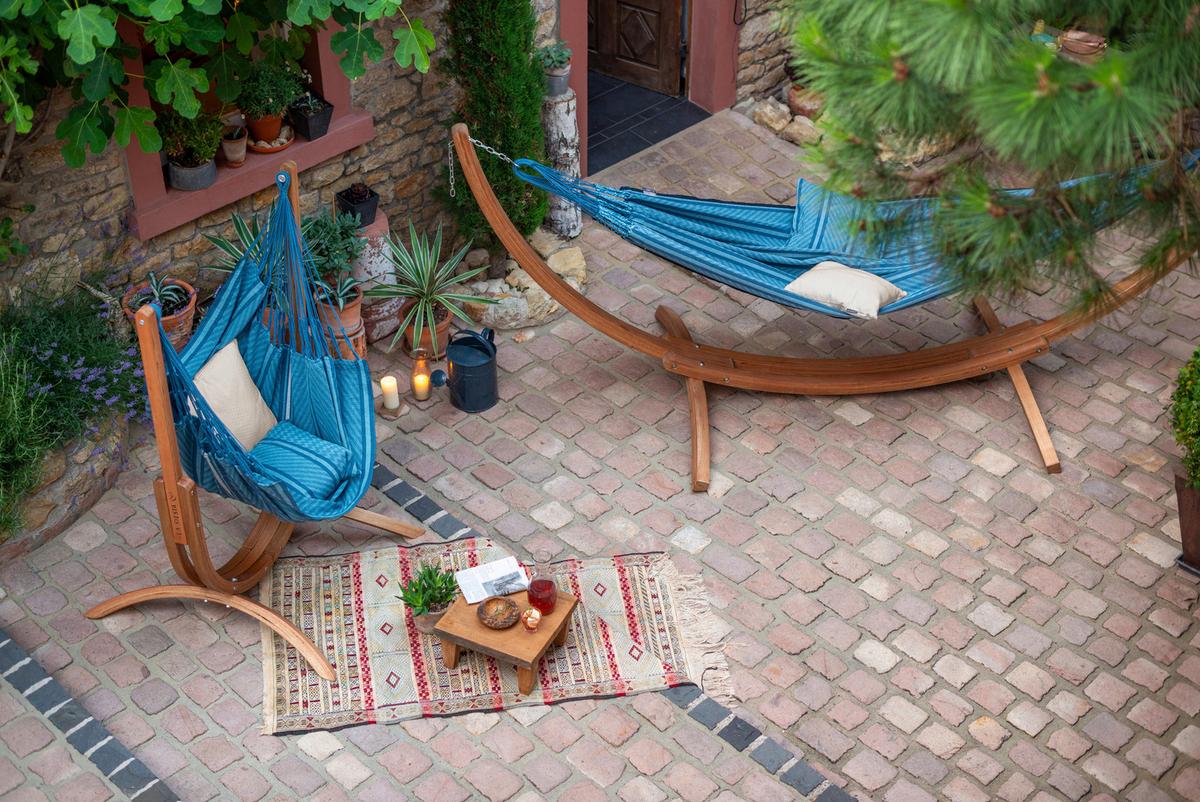 Hängematte Hammock Chair and Stand Blau inkl. Gestell - Blau/Eukalyptusholzfarben, KONVENTIONELL, Holz/Textil (100/152/92cm) - La Siesta