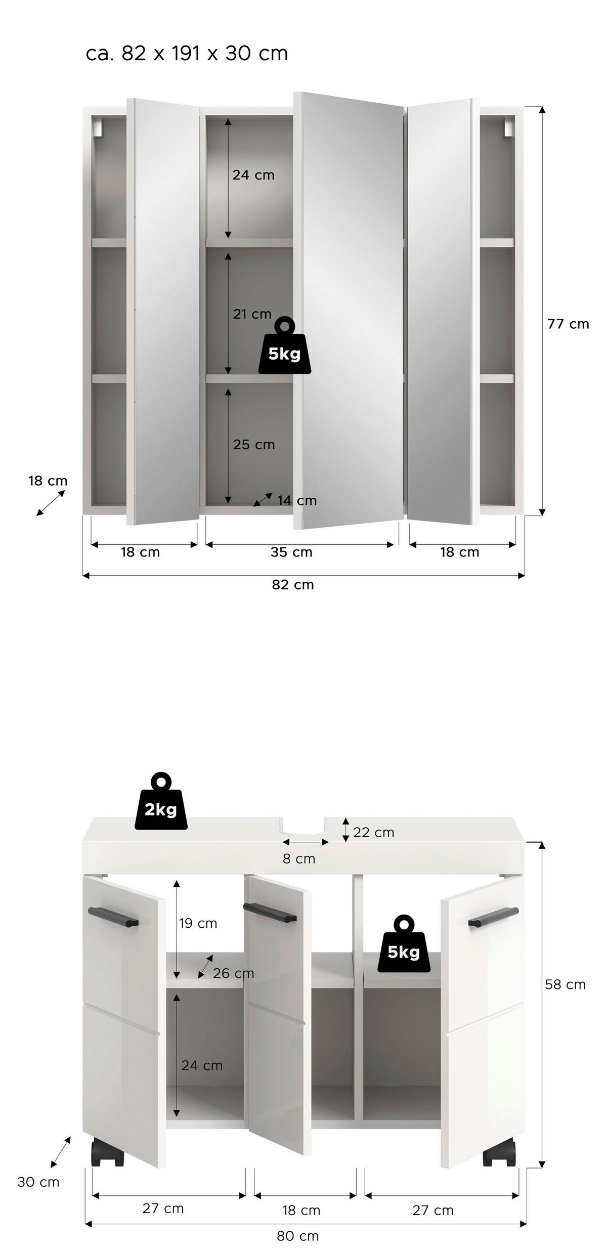 Badezimmer NOVA Weiß, Weiß Hochglanz 2-teilig - Weiß Hochglanz/Schwarz, Trend, Glas/Holzwerkstoff (82cm) - MID.YOU