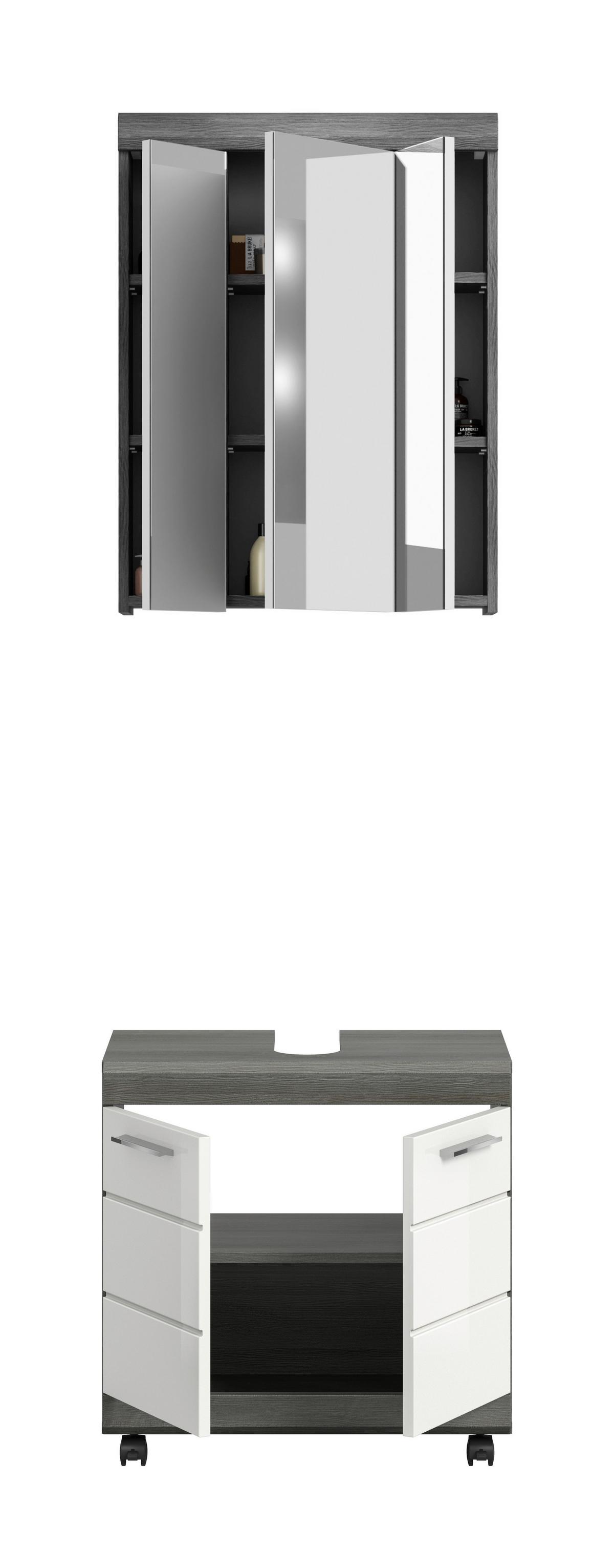 Badezimmer Scout Grau/Weiß Hochglanz 2-teilig - Weiß Hochglanz/Silberfarben, Trend, Glas/Holzwerkstoff (60cm) - MID.YOU