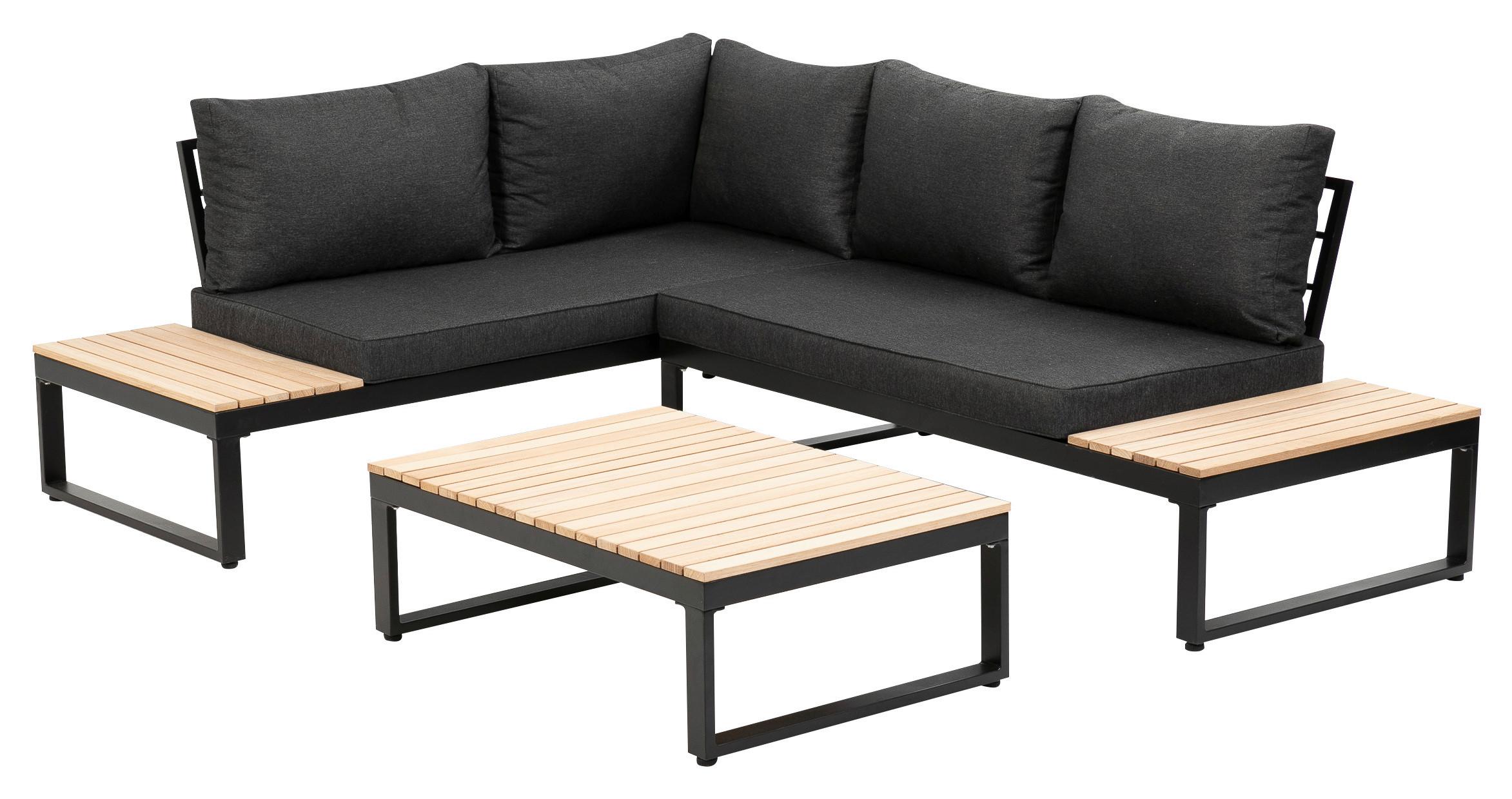 Loungegarnitur 3-tlg Rio Echtholz/Metall mit Kissen - Anthrazit/Braun, MODERN, Holz/Textil (178/68/228,5cm) - Gardenson