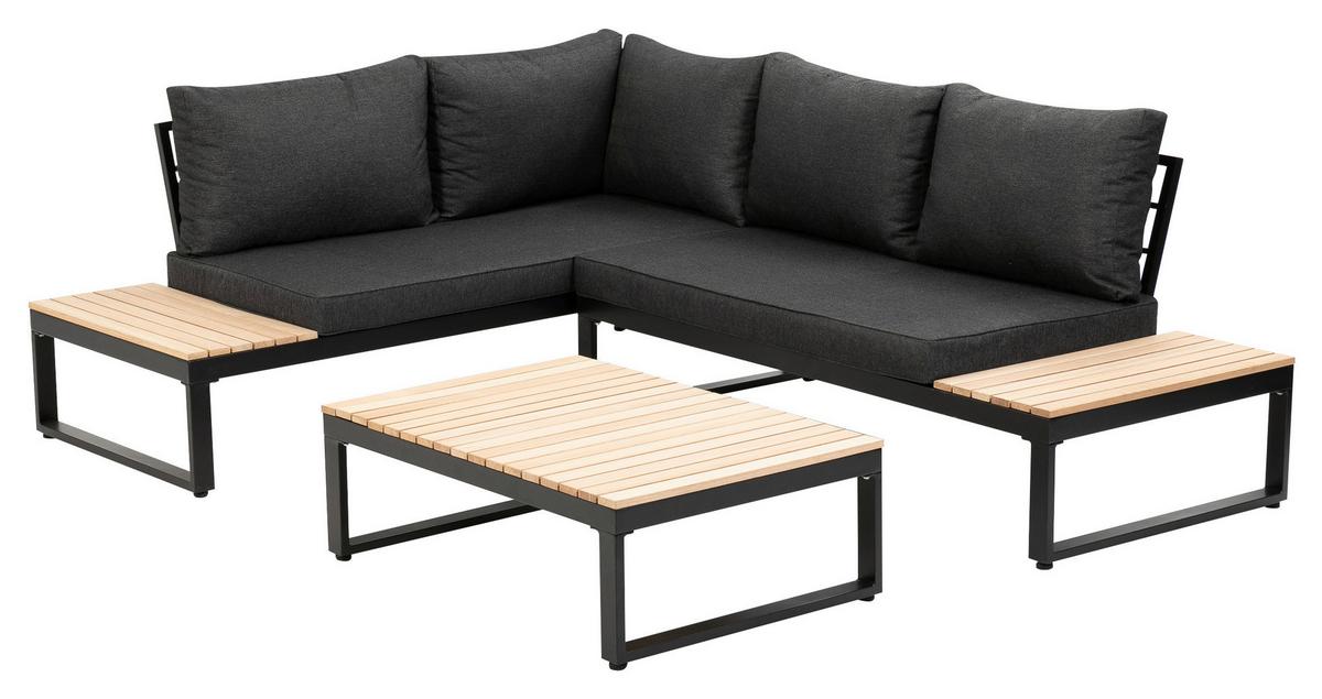 Loungegarnitur 3-tlg Rio Echtholz/Metall mit Kissen - Anthrazit/Braun, MODERN, Holz/Textil (178/68/228,5cm) - Gardenson