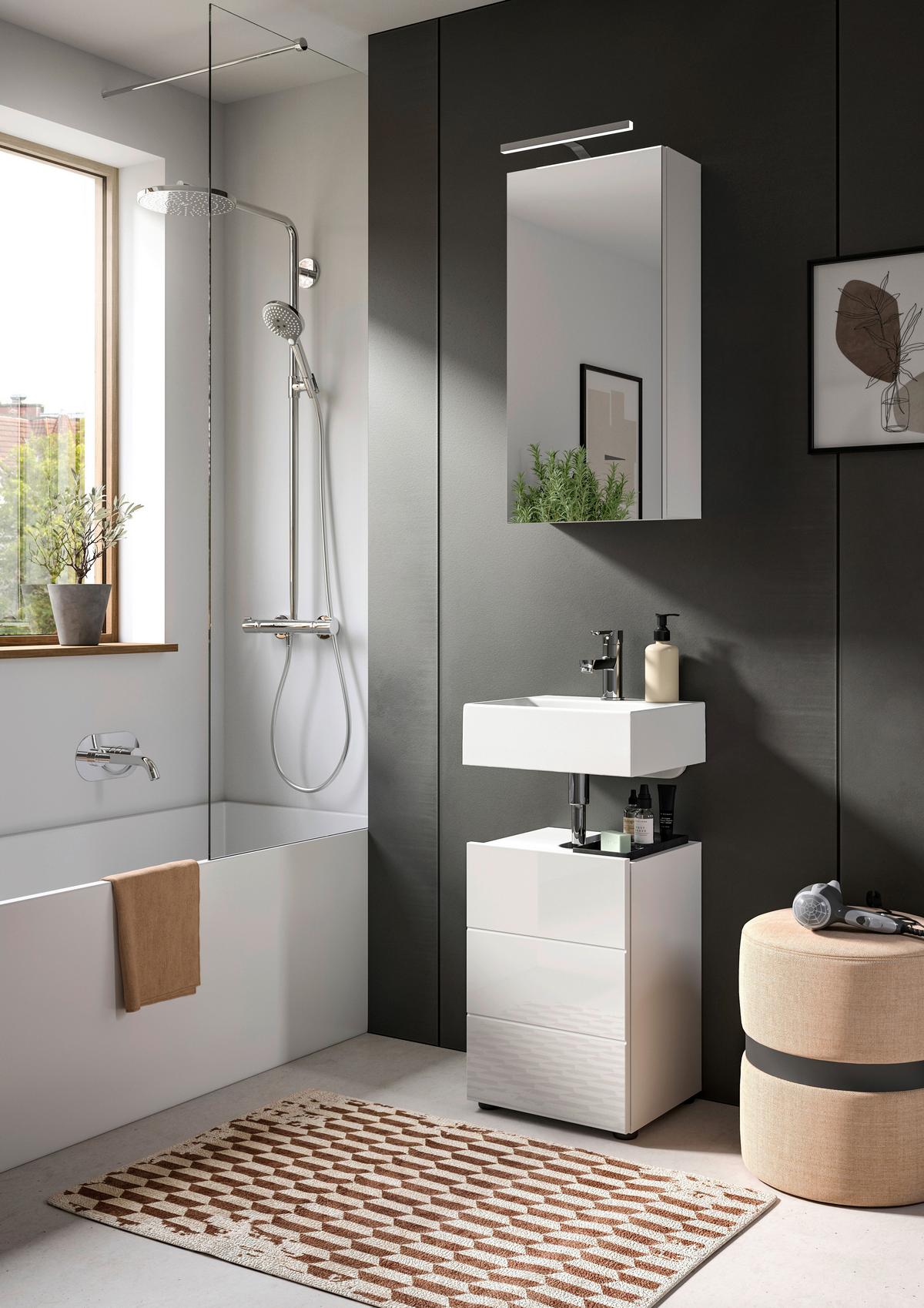 Gästebad Vira 2-teilig m. LED ca. 38x190 cm Weiß hochglanz - Weiß Hochglanz/Schwarz, MODERN, Holzwerkstoff/Kunststoff (38/190/34cm) - MID.YOU