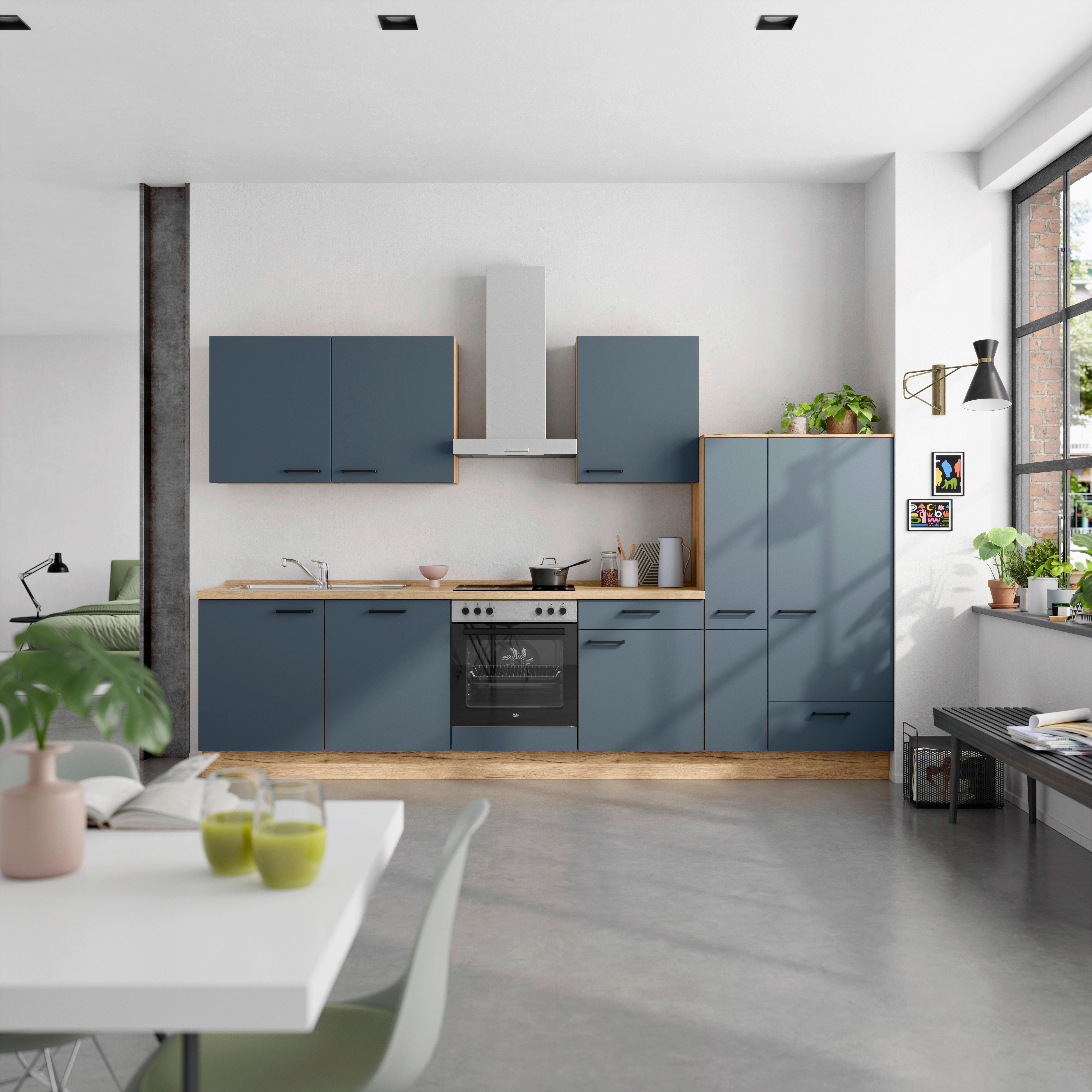 Küchenblock Easytouch Low m. Geräten Dunkelblau - Eichefarben/Schwarz, MODERN, Holzwerkstoff/Metall (330cm) - Nobilia